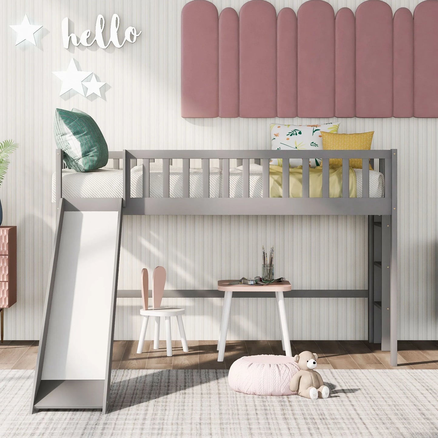 Twin Size Low Loft Bed with Ladder and Slide, Gray lifestyle view