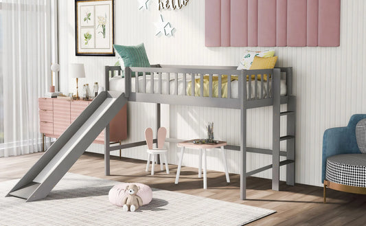 Twin Size Low Loft Bed with Ladder and Slide, Gray detail view 2