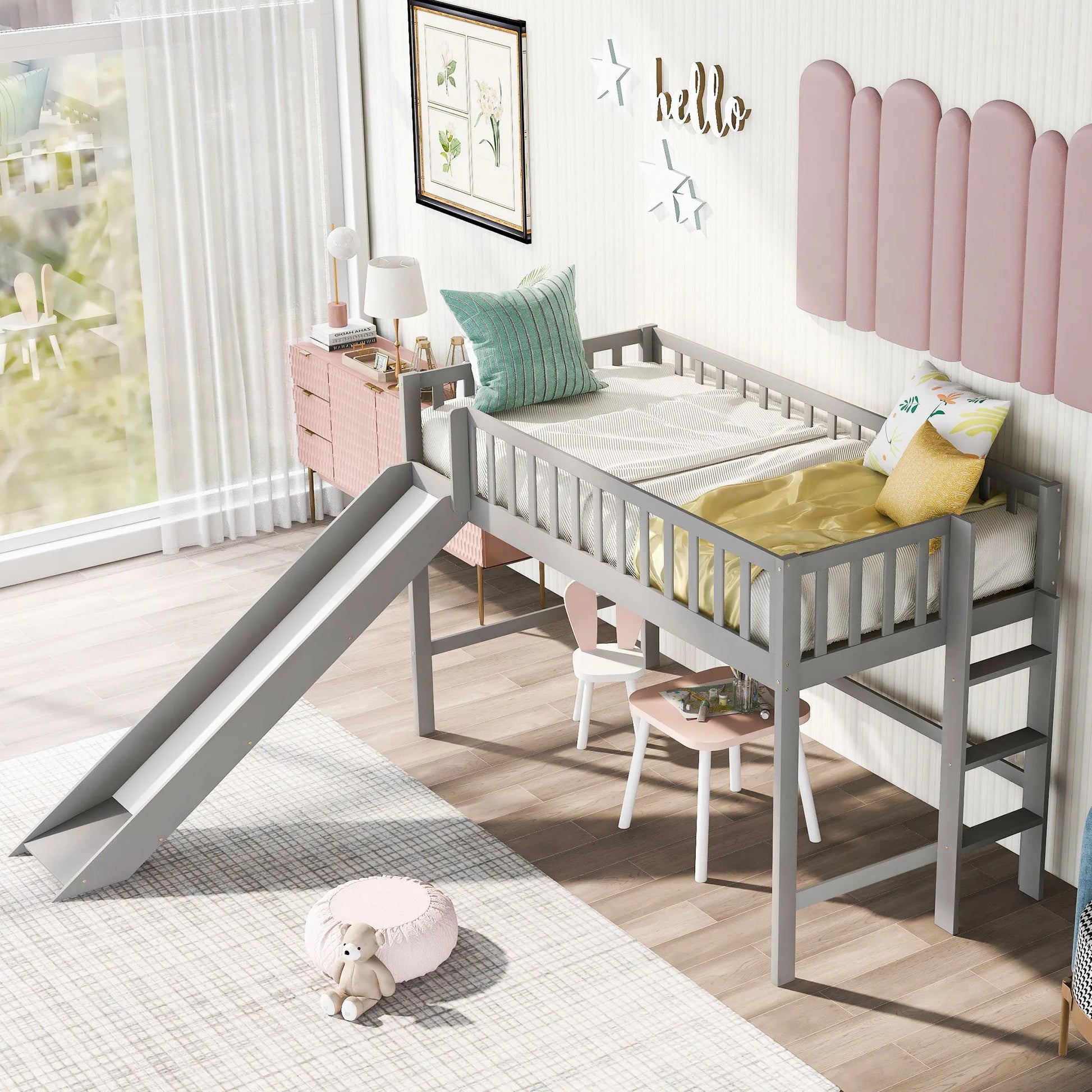 Twin Size Low Loft Bed with Ladder and Slide, Gray detail view 3