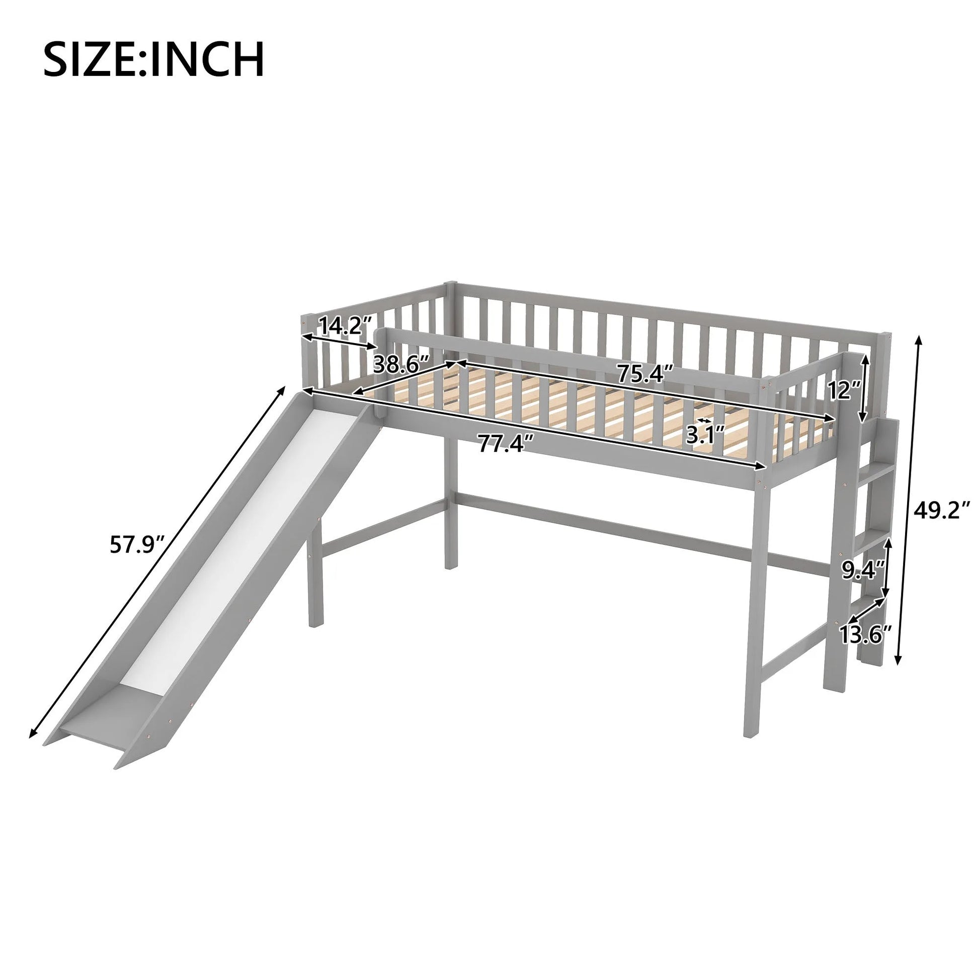 Twin Size Low Loft Bed with Ladder and Slide, Gray detail view 4