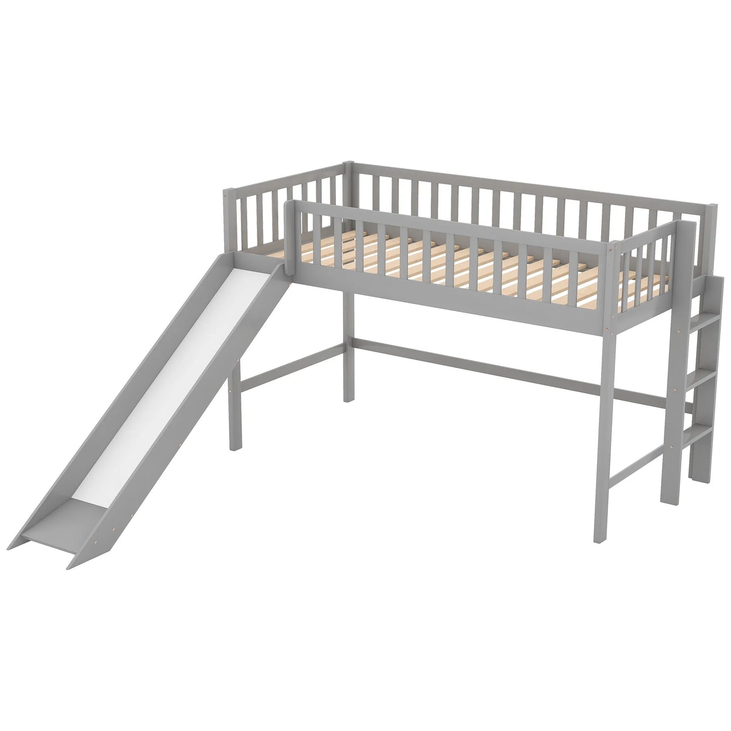 Twin Size Low Loft Bed with Ladder and Slide, Gray detail view 10
