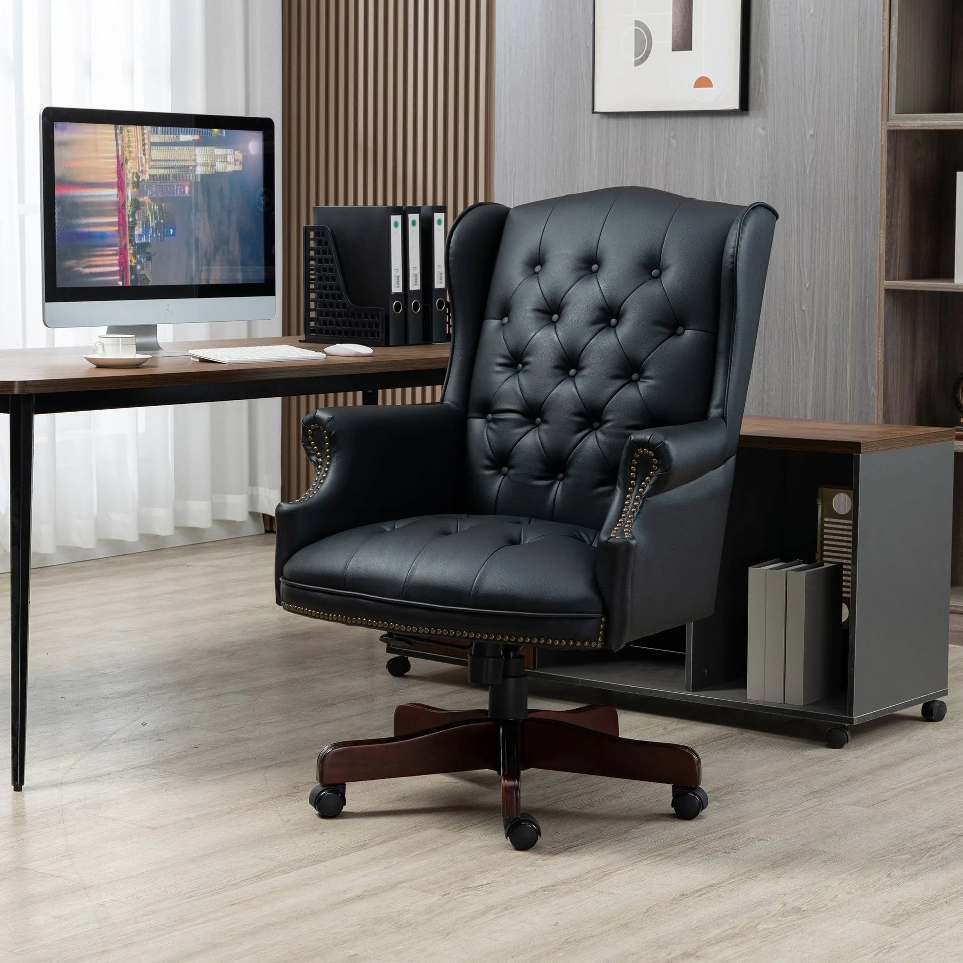 Executive Office Chair Comfortable Desk Chair - Ergonomic Design - Thick Padded Seat and Backrest - PU Leather Desk Chair with Smooth Glide Caster Wheels, 1 Pack Black lifestyle view
