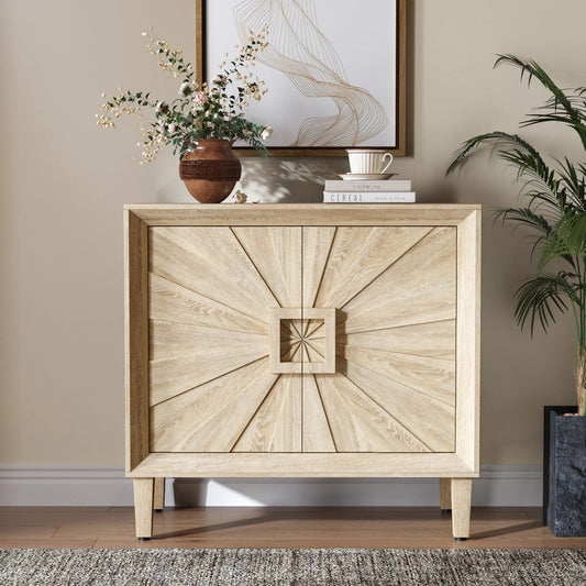 31.5' Antique Natural Mid-Century Modular Credenza Sideboard Buffet, Small Space Cabinet with Symmetrical Sunburst Doors, Accent Cabinet with Adjustable Shelves for Dining Room, Entryway & Hallway lifestyle view