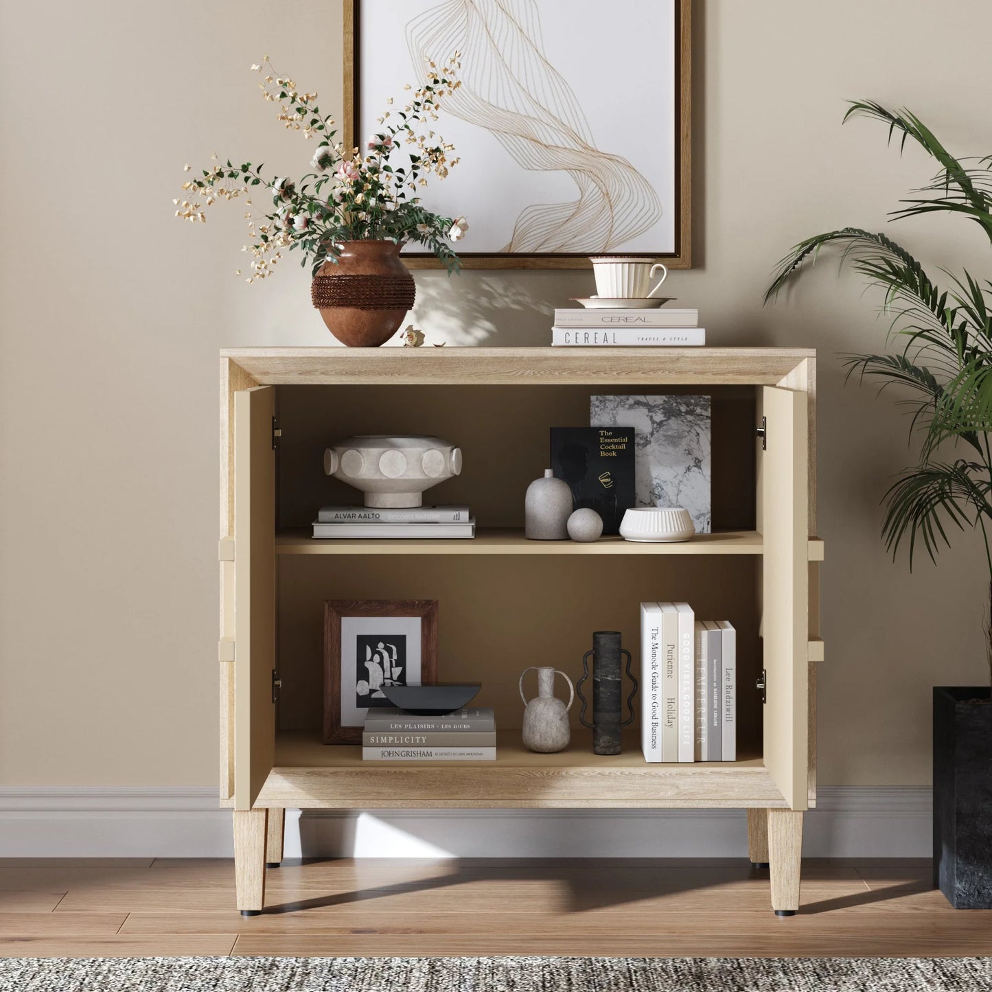 31.5' Antique Natural Mid-Century Modular Credenza Sideboard Buffet, Small Space Cabinet with Symmetrical Sunburst Doors, Accent Cabinet with Adjustable Shelves for Dining Room, Entryway & Hallway detail view 2