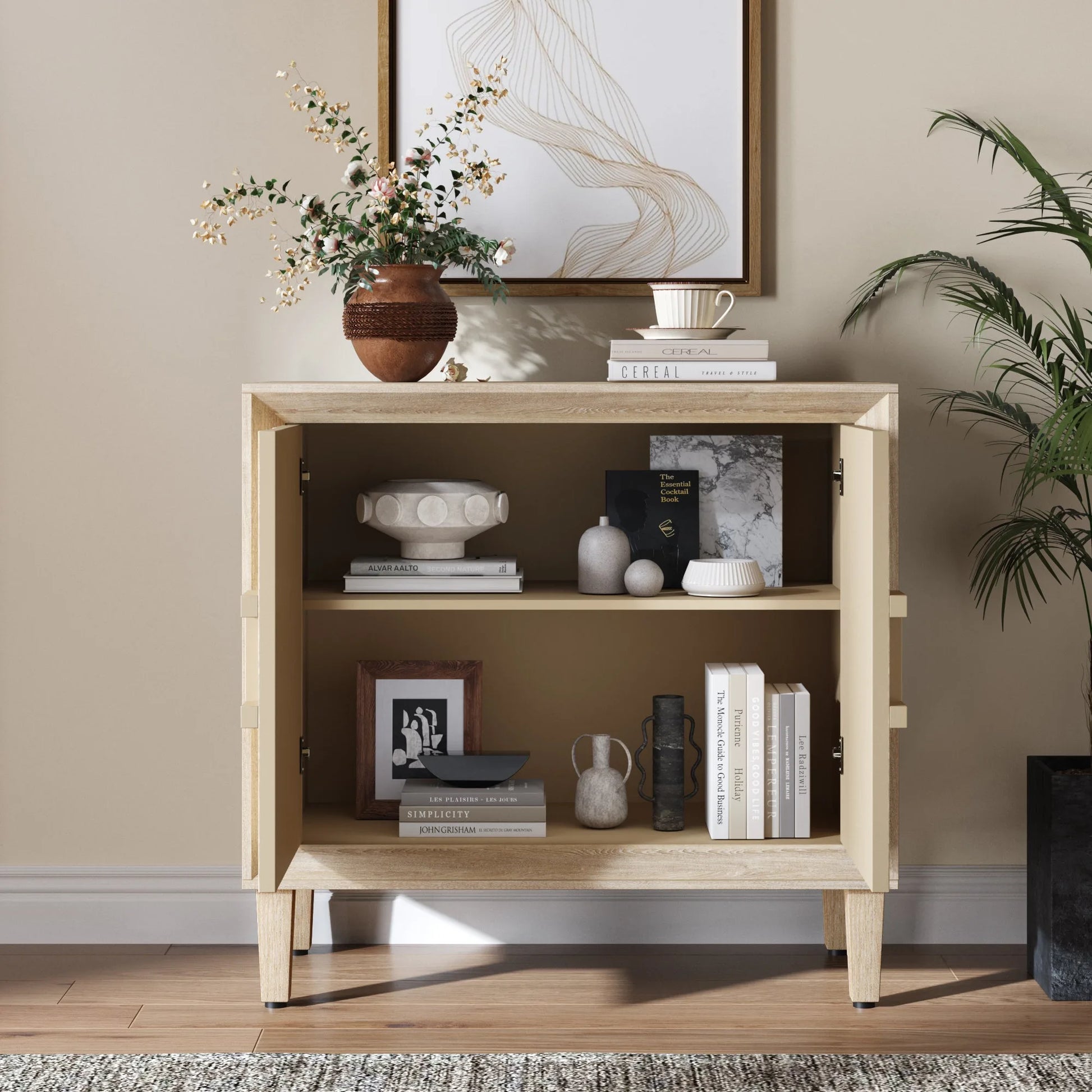 31.5' Antique Natural Mid-Century Modular Credenza Sideboard Buffet, Small Space Cabinet with Symmetrical Sunburst Doors, Accent Cabinet with Adjustable Shelves for Dining Room, Entryway & Hallway detail view 2