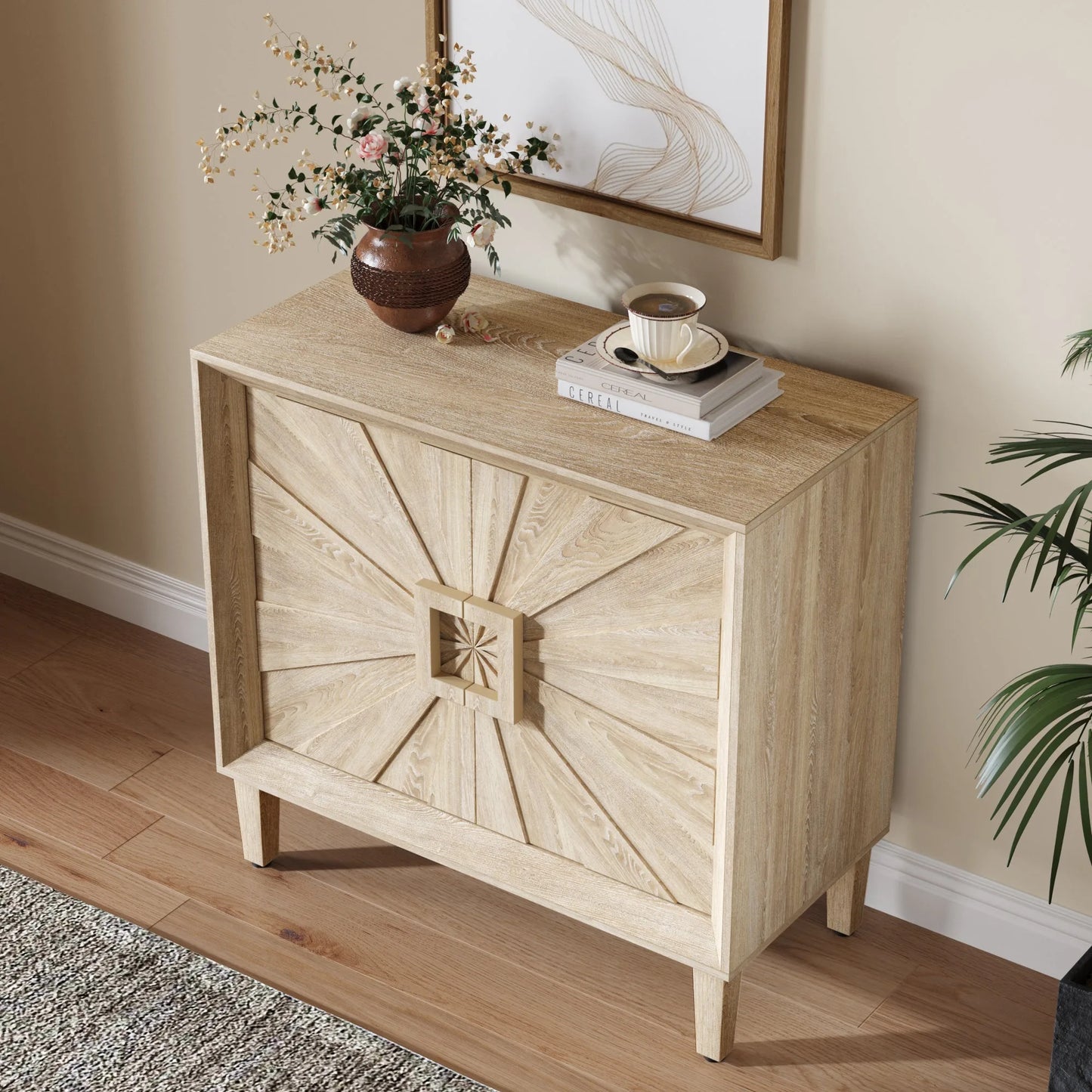 31.5' Antique Natural Mid-Century Modular Credenza Sideboard Buffet, Small Space Cabinet with Symmetrical Sunburst Doors, Accent Cabinet with Adjustable Shelves for Dining Room, Entryway & Hallway detail view 3