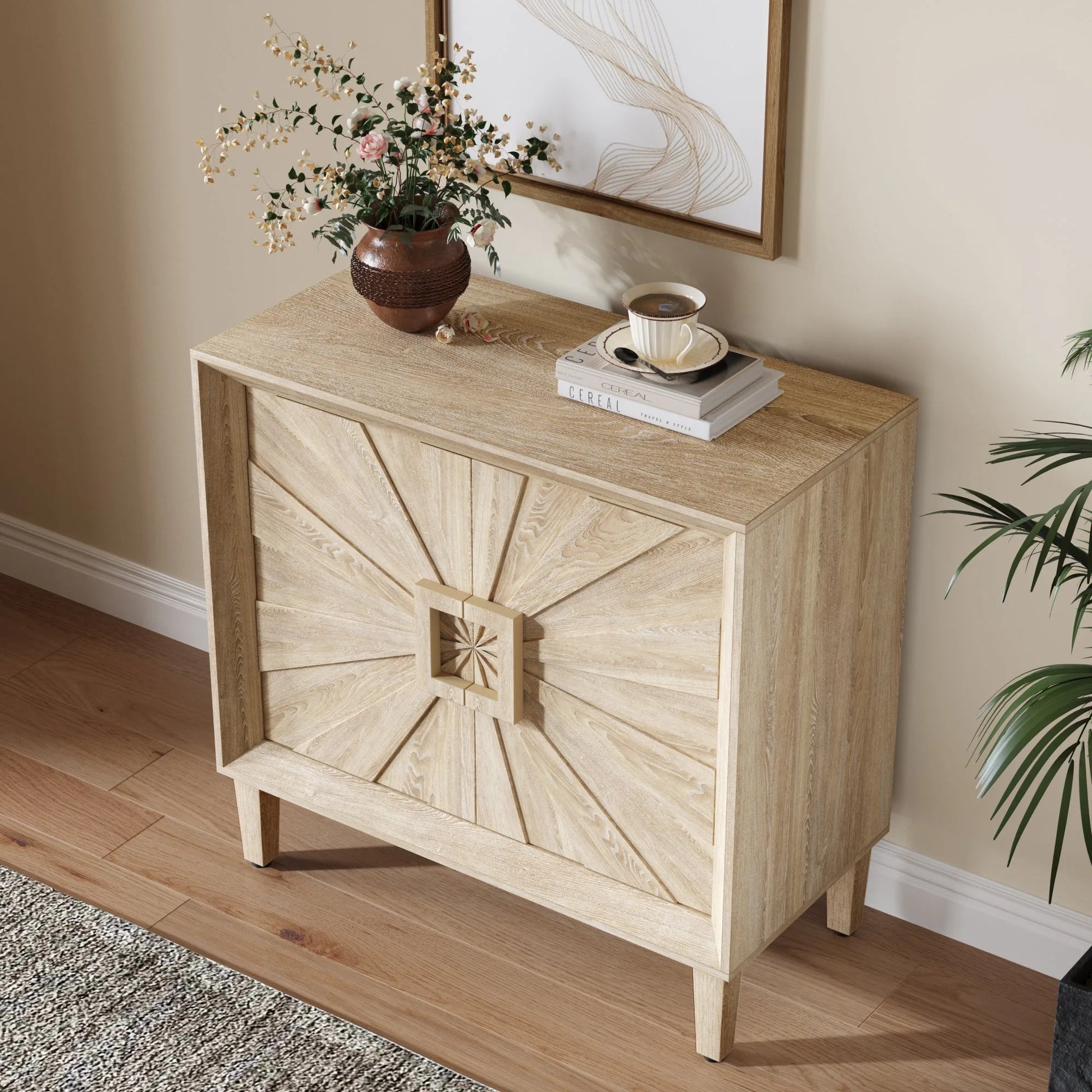 31.5' Antique Natural Mid-Century Modular Credenza Sideboard Buffet, Small Space Cabinet with Symmetrical Sunburst Doors, Accent Cabinet with Adjustable Shelves for Dining Room, Entryway & Hallway detail view 3