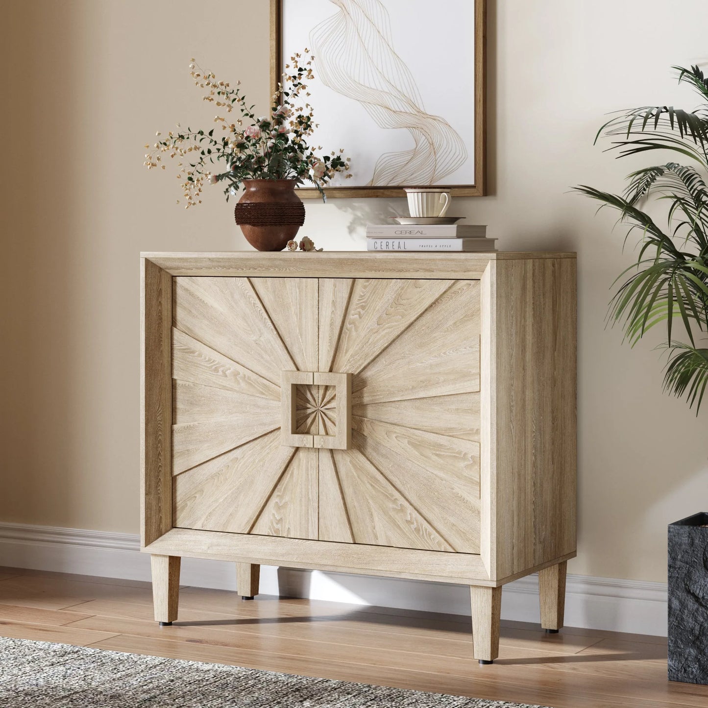 31.5' Antique Natural Mid-Century Modular Credenza Sideboard Buffet, Small Space Cabinet with Symmetrical Sunburst Doors, Accent Cabinet with Adjustable Shelves for Dining Room, Entryway & Hallway detail view 4
