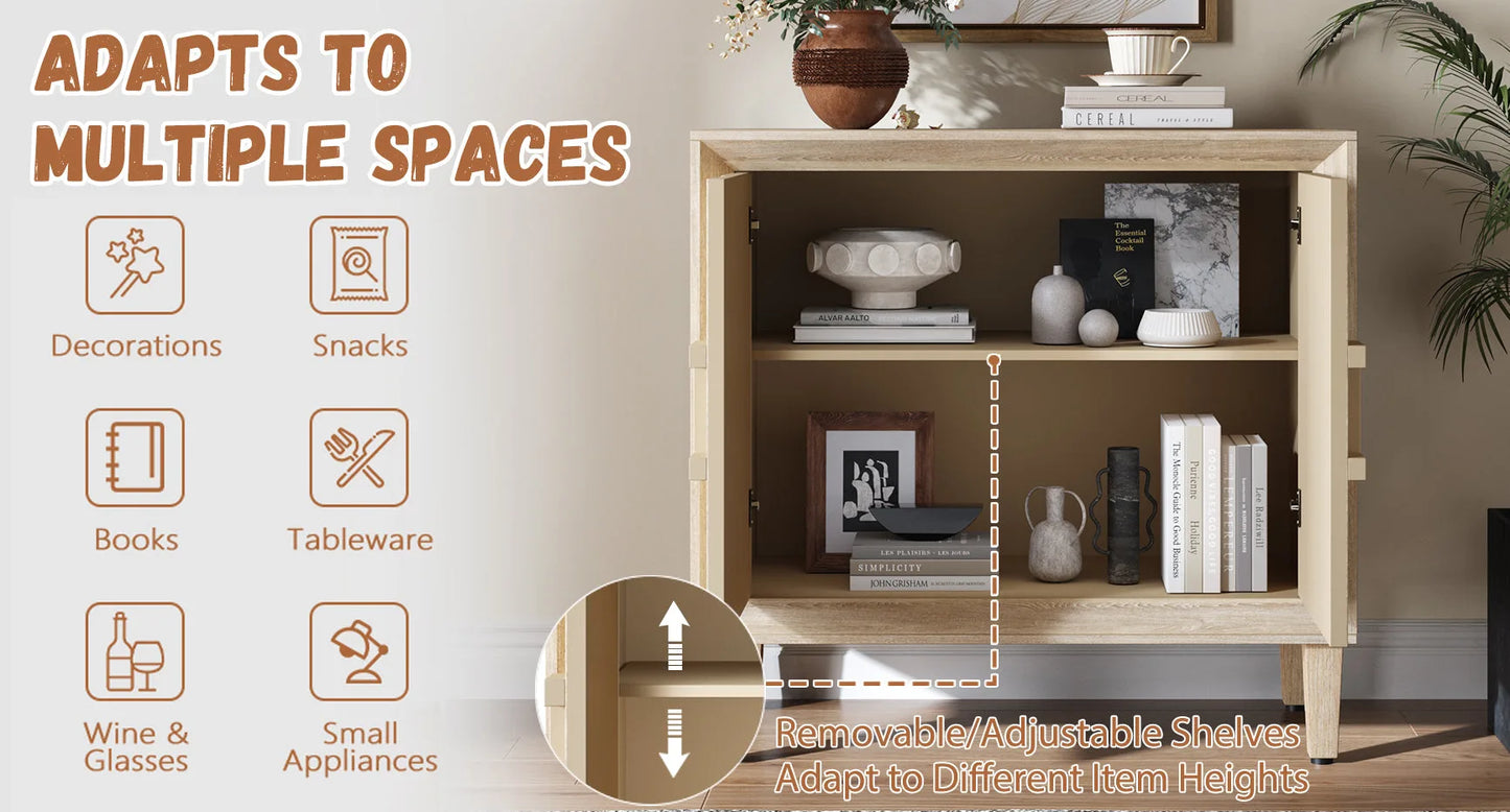 31.5' Antique Natural Mid-Century Modular Credenza Sideboard Buffet, Small Space Cabinet with Symmetrical Sunburst Doors, Accent Cabinet with Adjustable Shelves for Dining Room, Entryway & Hallway detail view 5