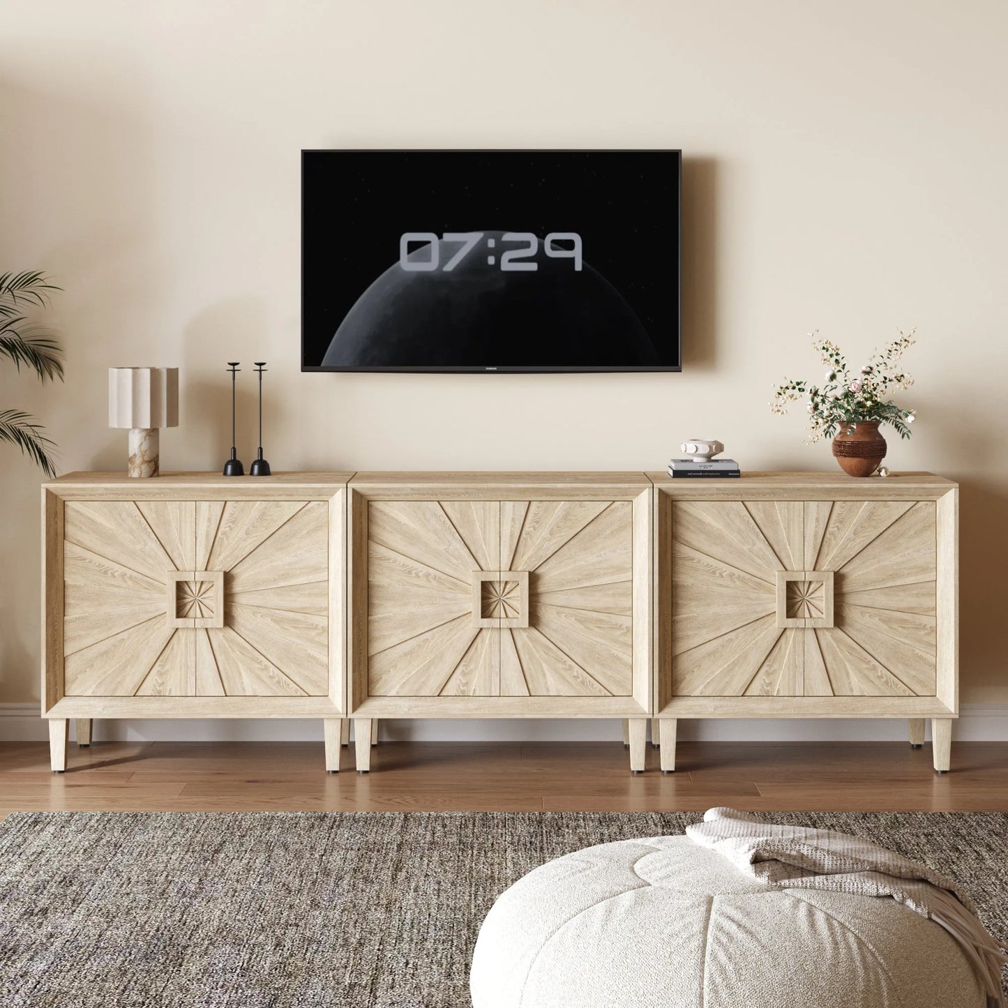 31.5' Antique Natural Mid-Century Modular Credenza Sideboard Buffet, Small Space Cabinet with Symmetrical Sunburst Doors, Accent Cabinet with Adjustable Shelves for Dining Room, Entryway & Hallway detail view 7