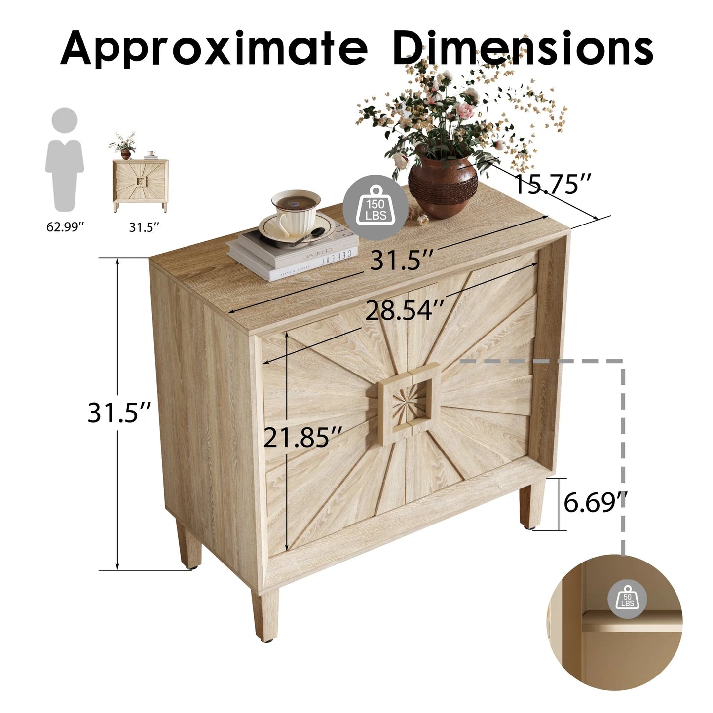 31.5' Antique Natural Mid-Century Modular Credenza Sideboard Buffet, Small Space Cabinet with Symmetrical Sunburst Doors, Accent Cabinet with Adjustable Shelves for Dining Room, Entryway & Hallway detail view 9