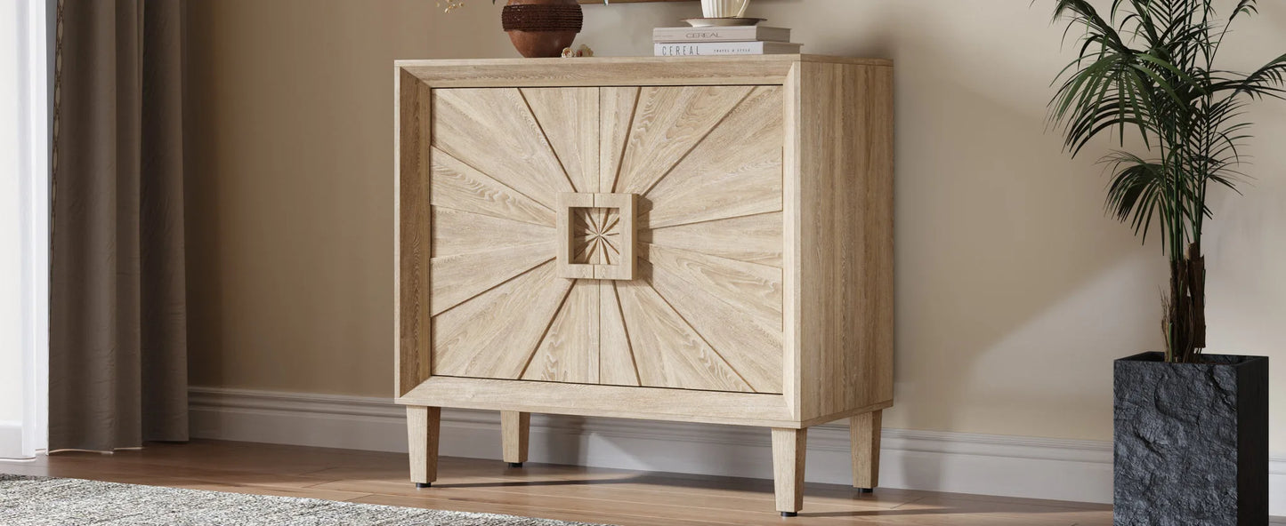 31.5' Antique Natural Mid-Century Modular Credenza Sideboard Buffet, Small Space Cabinet with Symmetrical Sunburst Doors, Accent Cabinet with Adjustable Shelves for Dining Room, Entryway & Hallway detail view 10