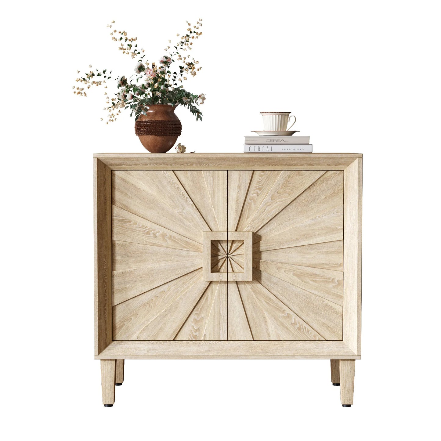 31.5' Antique Natural Mid-Century Modular Credenza Sideboard Buffet, Small Space Cabinet with Symmetrical Sunburst Doors, Accent Cabinet with Adjustable Shelves for Dining Room, Entryway & Hallway detail view 12