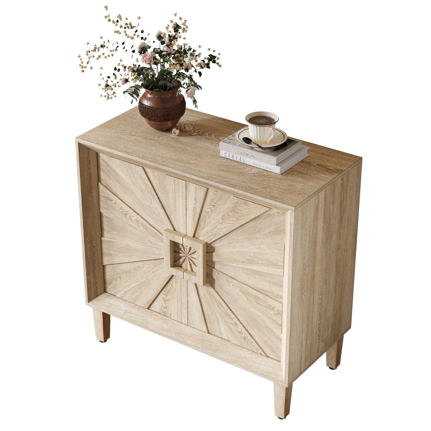 31.5' Antique Natural Mid-Century Modular Credenza Sideboard Buffet, Small Space Cabinet with Symmetrical Sunburst Doors, Accent Cabinet with Adjustable Shelves for Dining Room, Entryway & Hallway detail view 13