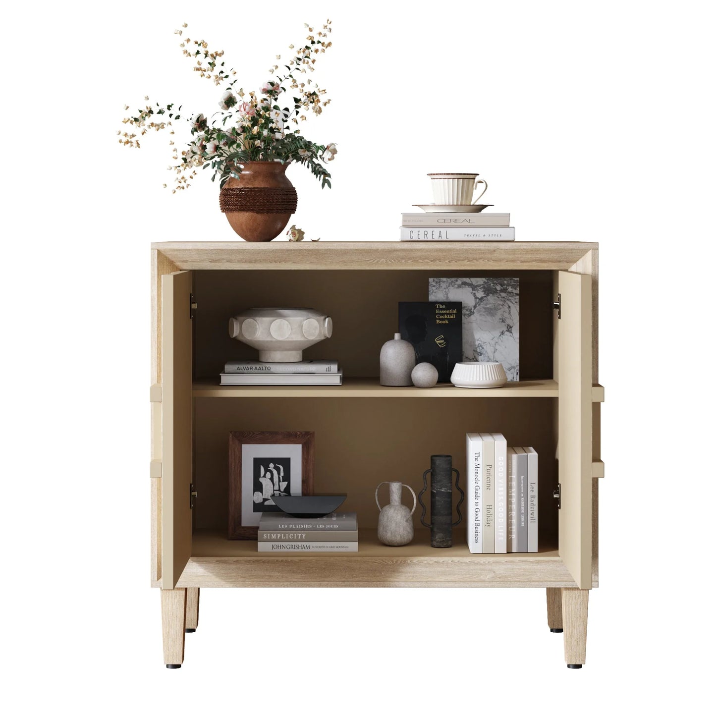 31.5' Antique Natural Mid-Century Modular Credenza Sideboard Buffet, Small Space Cabinet with Symmetrical Sunburst Doors, Accent Cabinet with Adjustable Shelves for Dining Room, Entryway & Hallway detail view 14