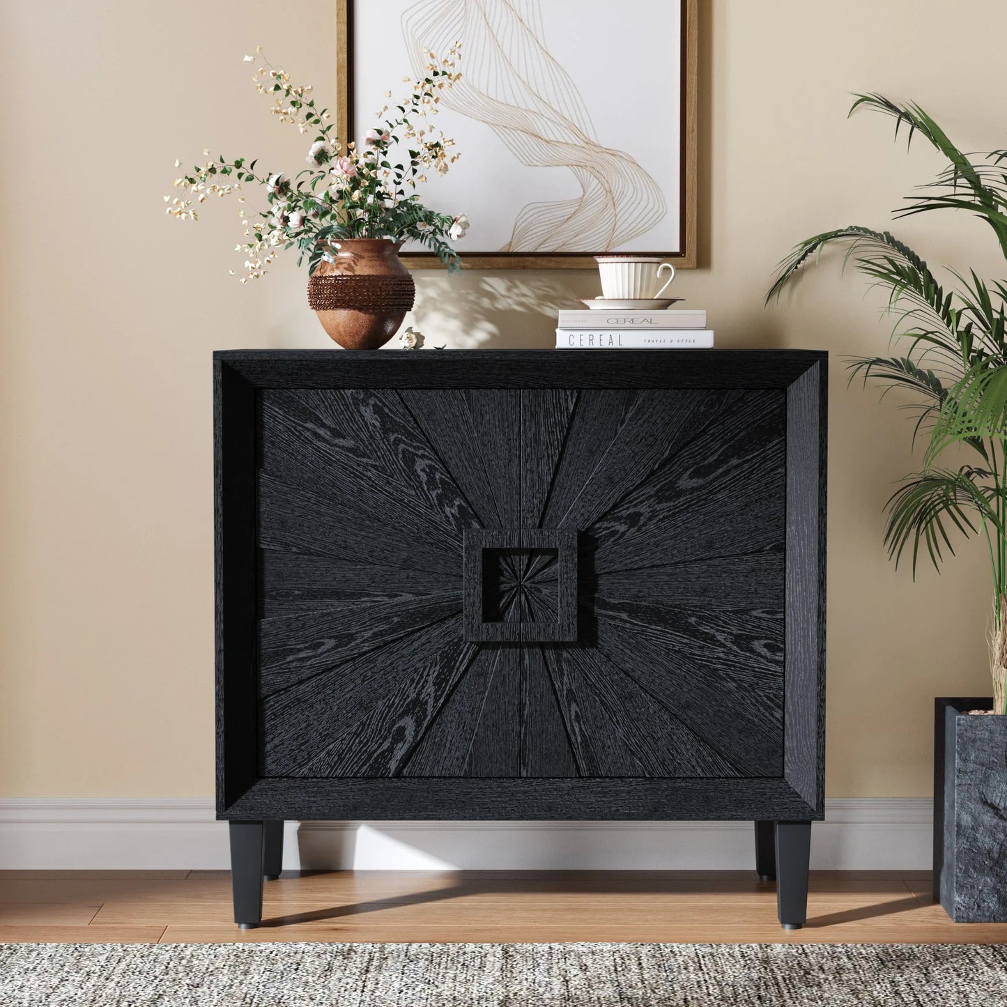 31.5' Antique Natural Mid-Century Modular Credenza Sideboard Buffet, Small Space Cabinet with Symmetrical Sunburst Doors, Accent Cabinet with Adjustable Shelves for Dining Room, Entryway & Hallway detail view 17