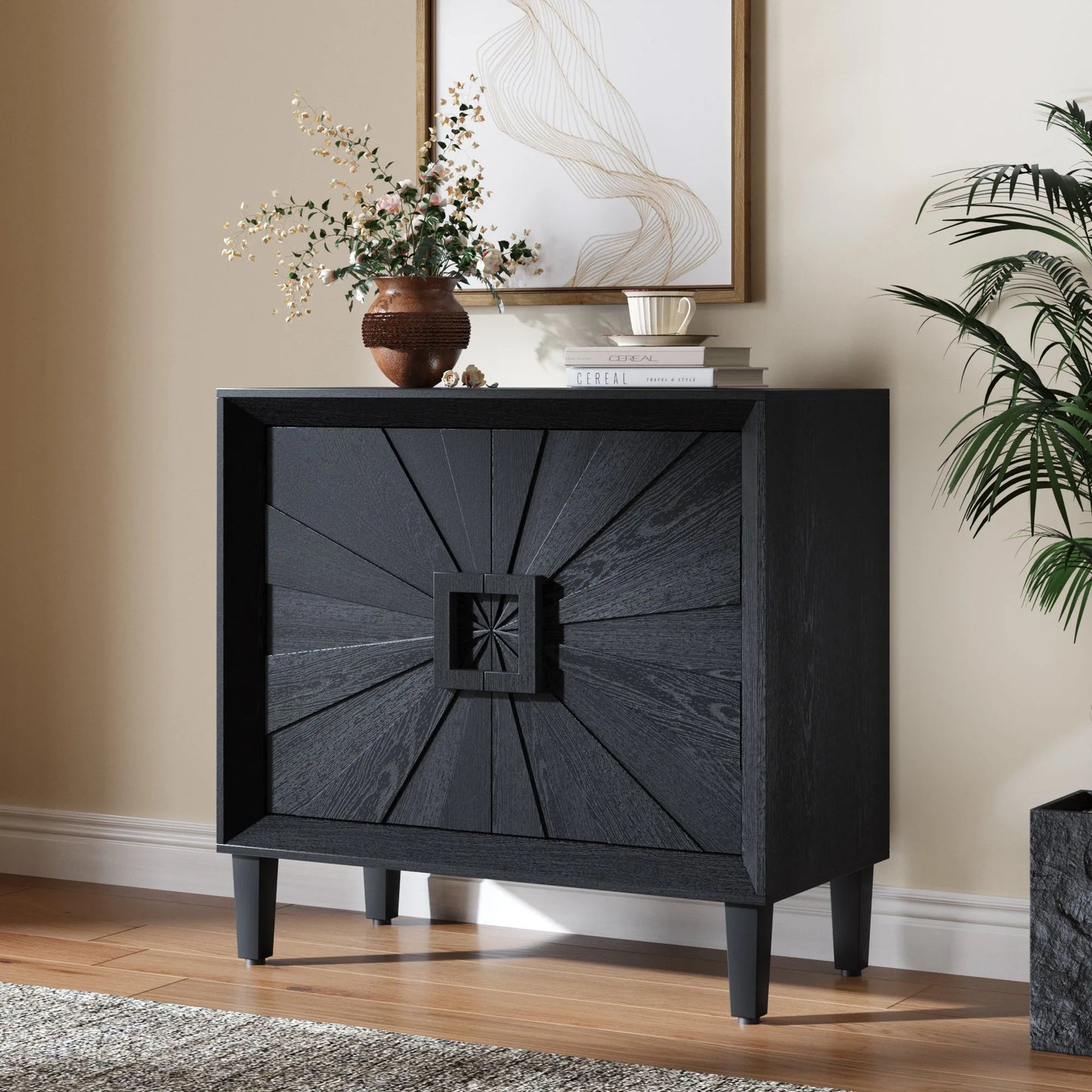 31.5' Antique Natural Mid-Century Modular Credenza Sideboard Buffet, Small Space Cabinet with Symmetrical Sunburst Doors, Accent Cabinet with Adjustable Shelves for Dining Room, Entryway & Hallway detail view 18