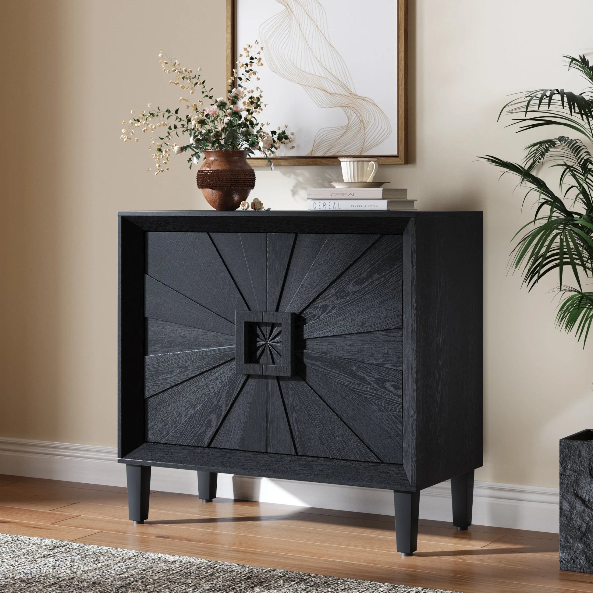 31.5' Antique Natural Mid-Century Modular Credenza Sideboard Buffet, Small Space Cabinet with Symmetrical Sunburst Doors, Accent Cabinet with Adjustable Shelves for Dining Room, Entryway & Hallway detail view 18