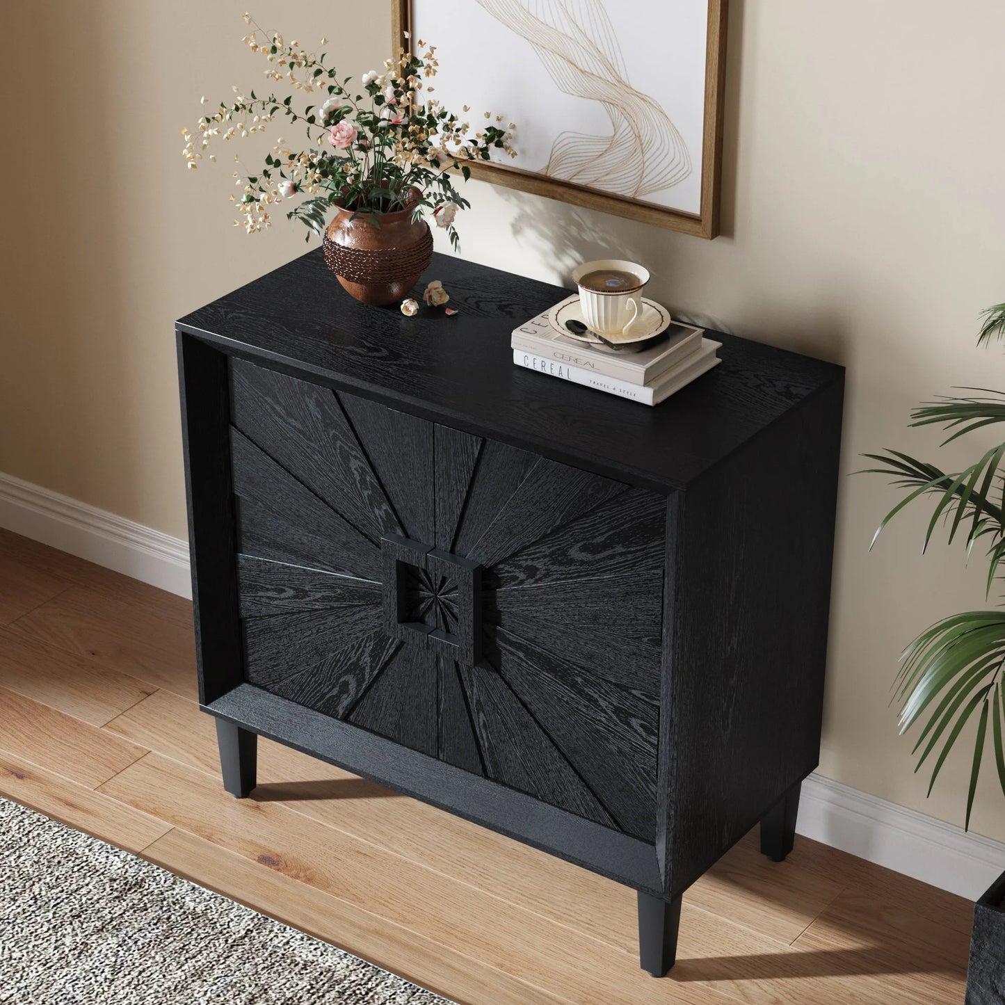 31.5' Antique Natural Mid-Century Modular Credenza Sideboard Buffet, Small Space Cabinet with Symmetrical Sunburst Doors, Accent Cabinet with Adjustable Shelves for Dining Room, Entryway & Hallway detail view 19