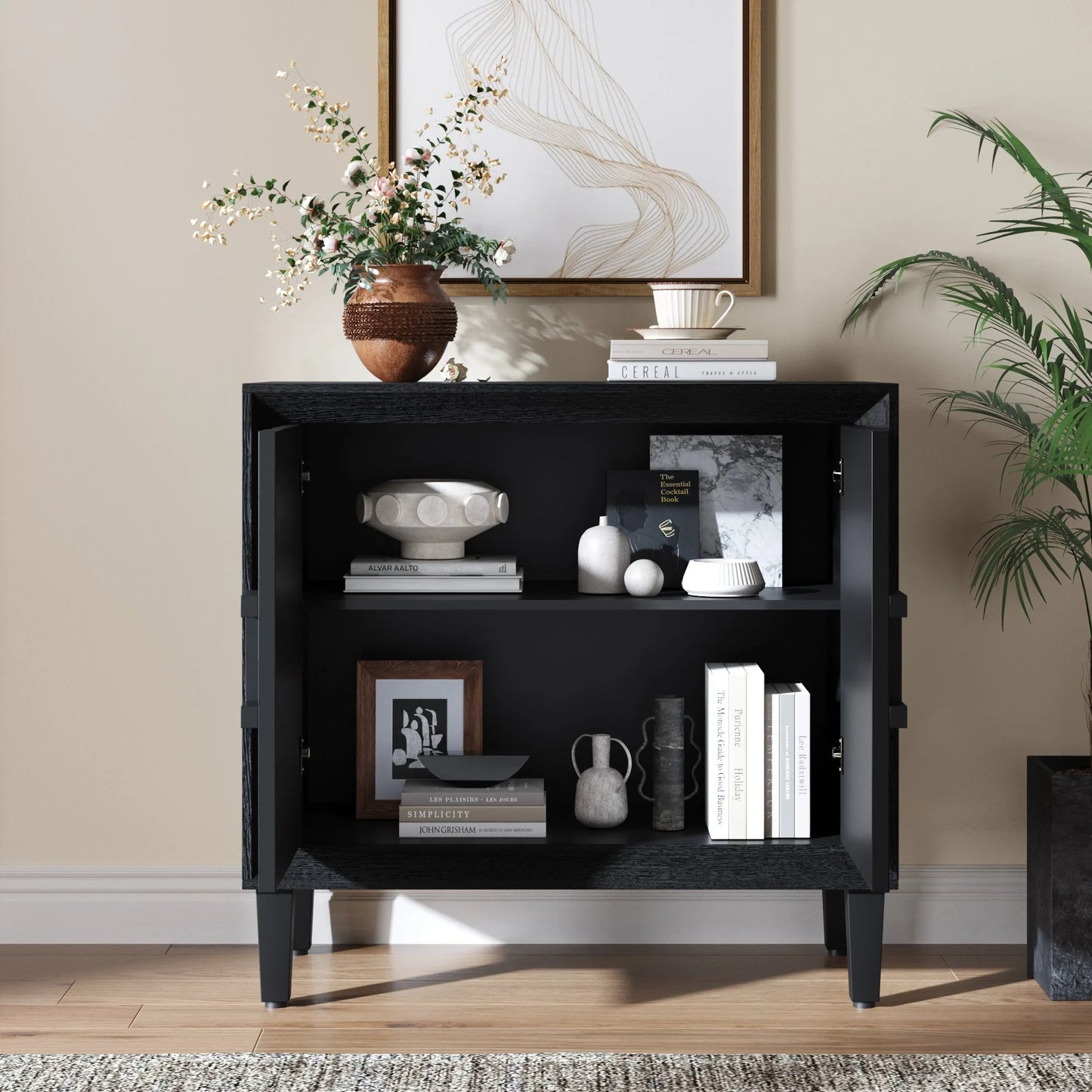 31.5' Antique Natural Mid-Century Modular Credenza Sideboard Buffet, Small Space Cabinet with Symmetrical Sunburst Doors, Accent Cabinet with Adjustable Shelves for Dining Room, Entryway & Hallway detail view 20