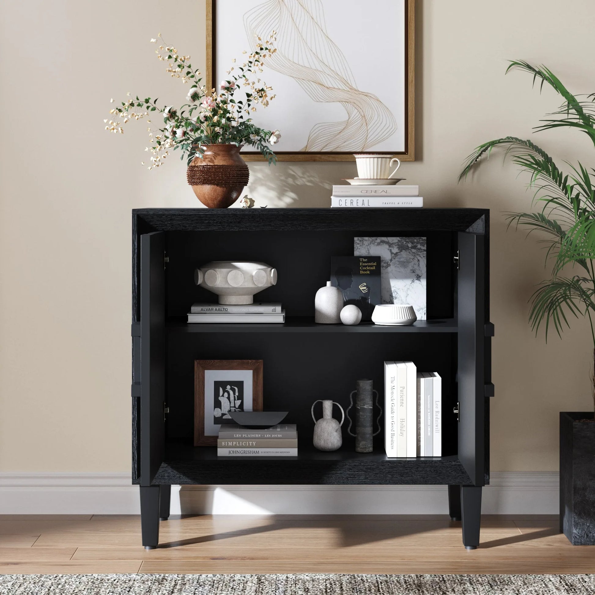 31.5' Antique Natural Mid-Century Modular Credenza Sideboard Buffet, Small Space Cabinet with Symmetrical Sunburst Doors, Accent Cabinet with Adjustable Shelves for Dining Room, Entryway & Hallway detail view 20