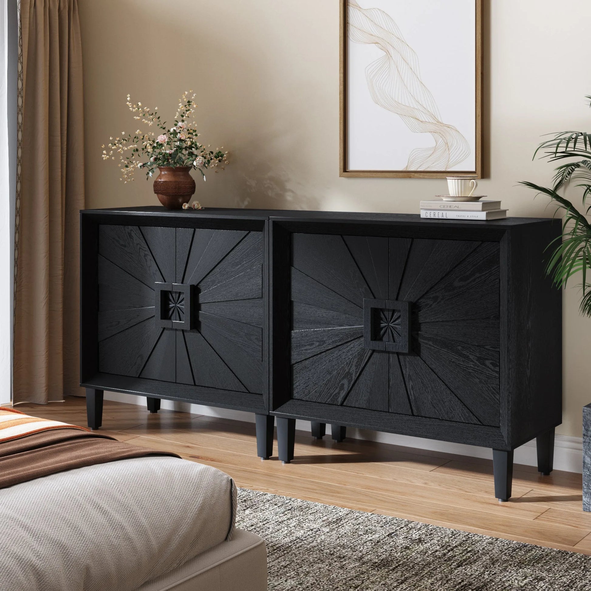 31.5' Antique Natural Mid-Century Modular Credenza Sideboard Buffet, Small Space Cabinet with Symmetrical Sunburst Doors, Accent Cabinet with Adjustable Shelves for Dining Room, Entryway & Hallway detail view 21