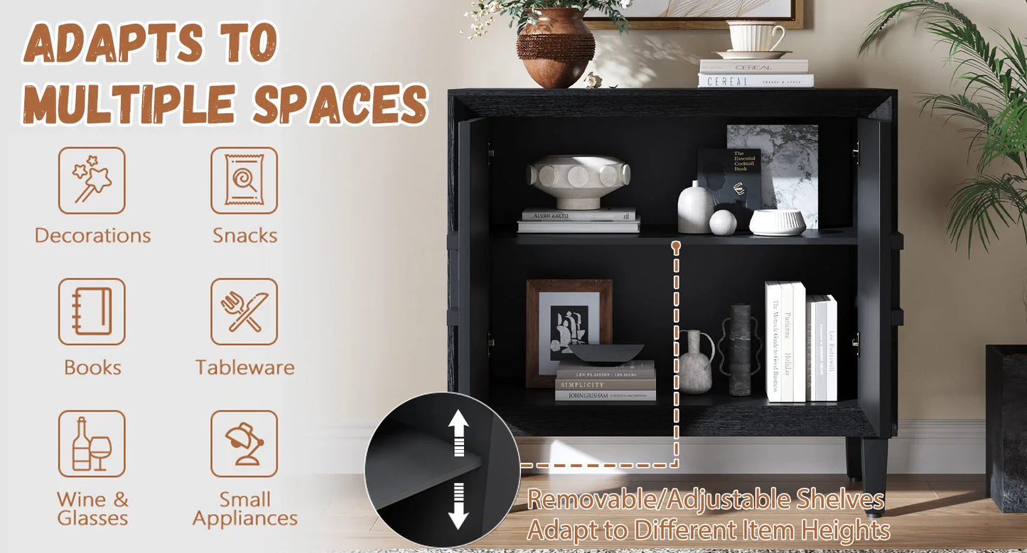 31.5' Antique Natural Mid-Century Modular Credenza Sideboard Buffet, Small Space Cabinet with Symmetrical Sunburst Doors, Accent Cabinet with Adjustable Shelves for Dining Room, Entryway & Hallway detail view 24