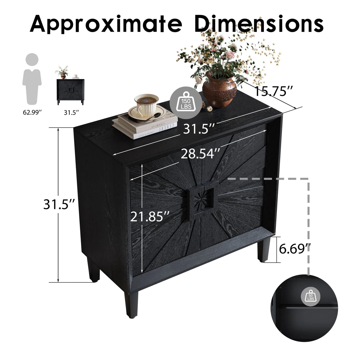 31.5' Antique Natural Mid-Century Modular Credenza Sideboard Buffet, Small Space Cabinet with Symmetrical Sunburst Doors, Accent Cabinet with Adjustable Shelves for Dining Room, Entryway & Hallway detail view 25