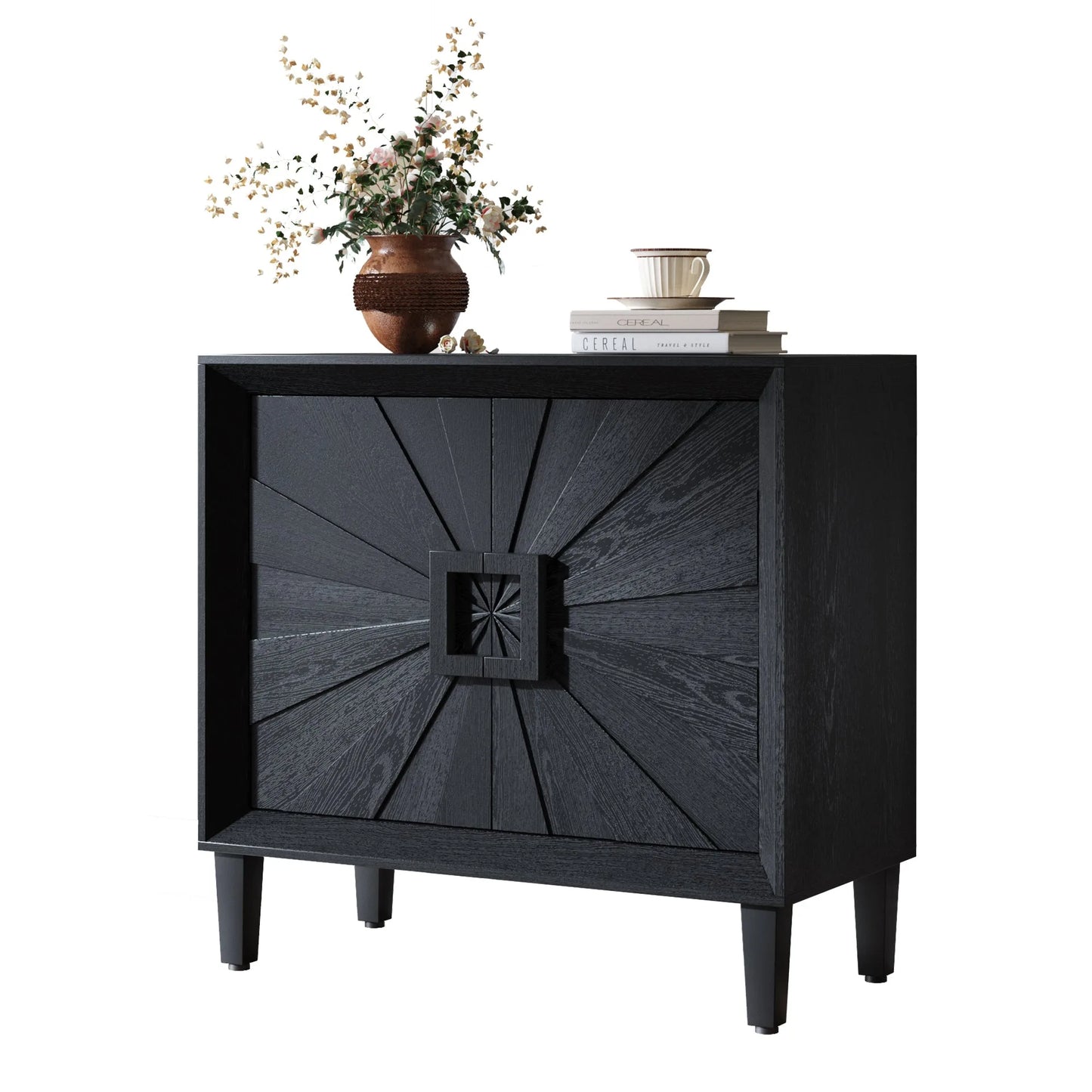31.5' Antique Natural Mid-Century Modular Credenza Sideboard Buffet, Small Space Cabinet with Symmetrical Sunburst Doors, Accent Cabinet with Adjustable Shelves for Dining Room, Entryway & Hallway detail view 31
