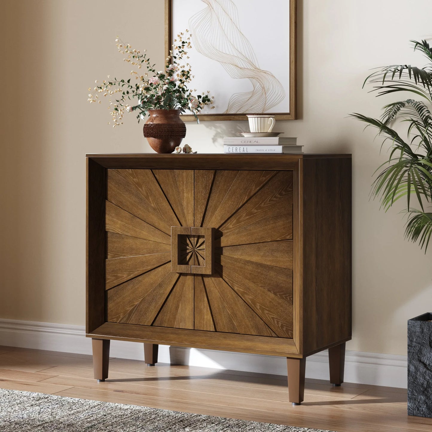 31.5' Antique Natural Mid-Century Modular Credenza Sideboard Buffet, Small Space Cabinet with Symmetrical Sunburst Doors, Accent Cabinet with Adjustable Shelves for Dining Room, Entryway & Hallway detail view 33