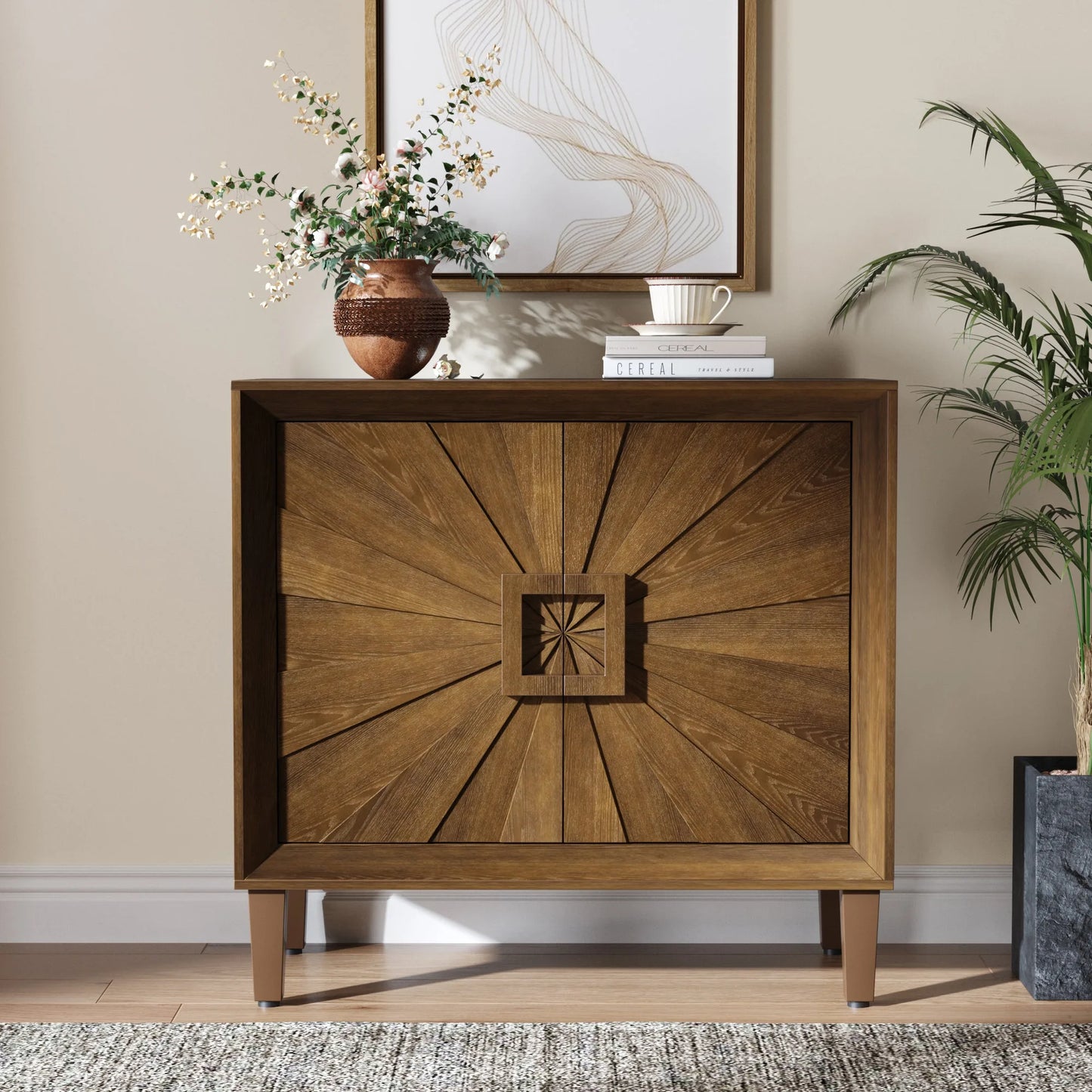 31.5' Antique Natural Mid-Century Modular Credenza Sideboard Buffet, Small Space Cabinet with Symmetrical Sunburst Doors, Accent Cabinet with Adjustable Shelves for Dining Room, Entryway & Hallway detail view 34