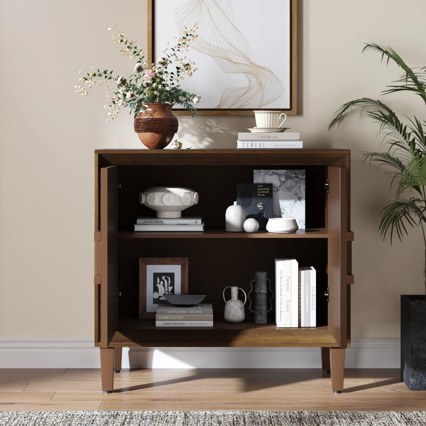 31.5' Antique Natural Mid-Century Modular Credenza Sideboard Buffet, Small Space Cabinet with Symmetrical Sunburst Doors, Accent Cabinet with Adjustable Shelves for Dining Room, Entryway & Hallway detail view 35