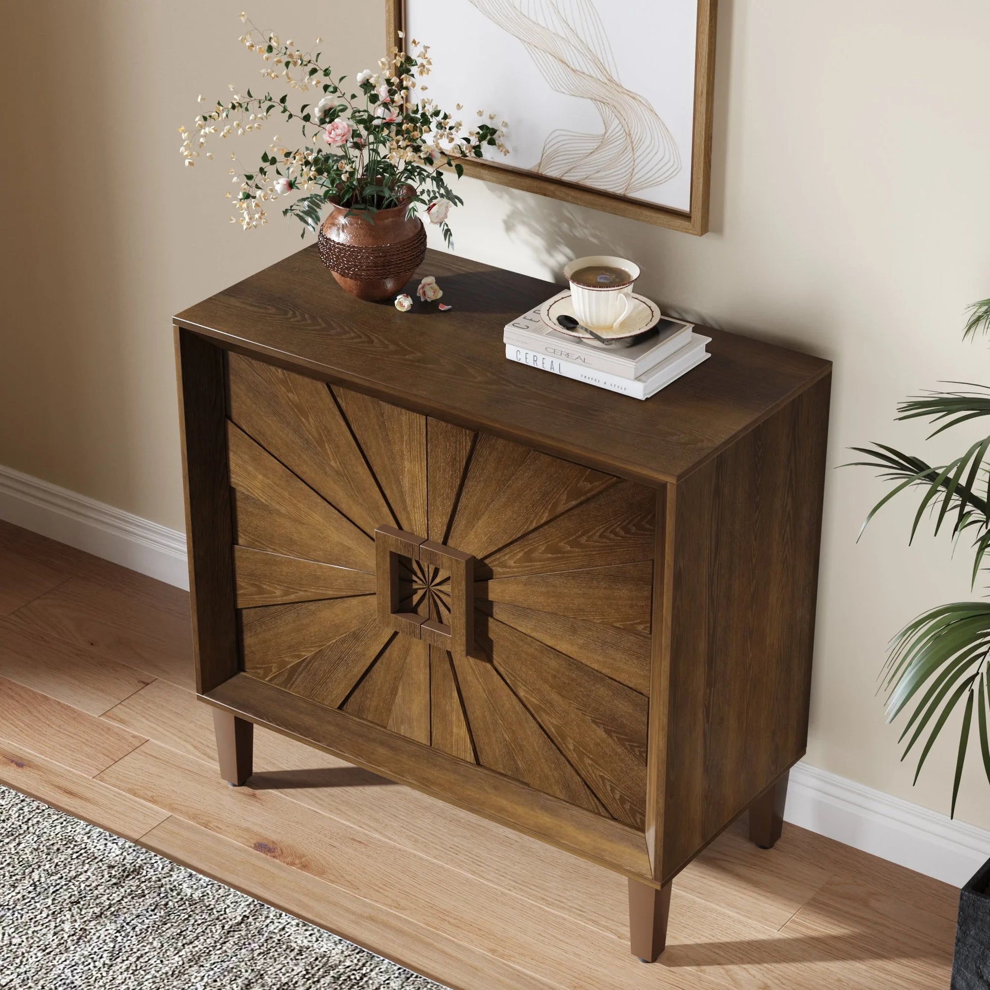 31.5' Antique Natural Mid-Century Modular Credenza Sideboard Buffet, Small Space Cabinet with Symmetrical Sunburst Doors, Accent Cabinet with Adjustable Shelves for Dining Room, Entryway & Hallway detail view 36