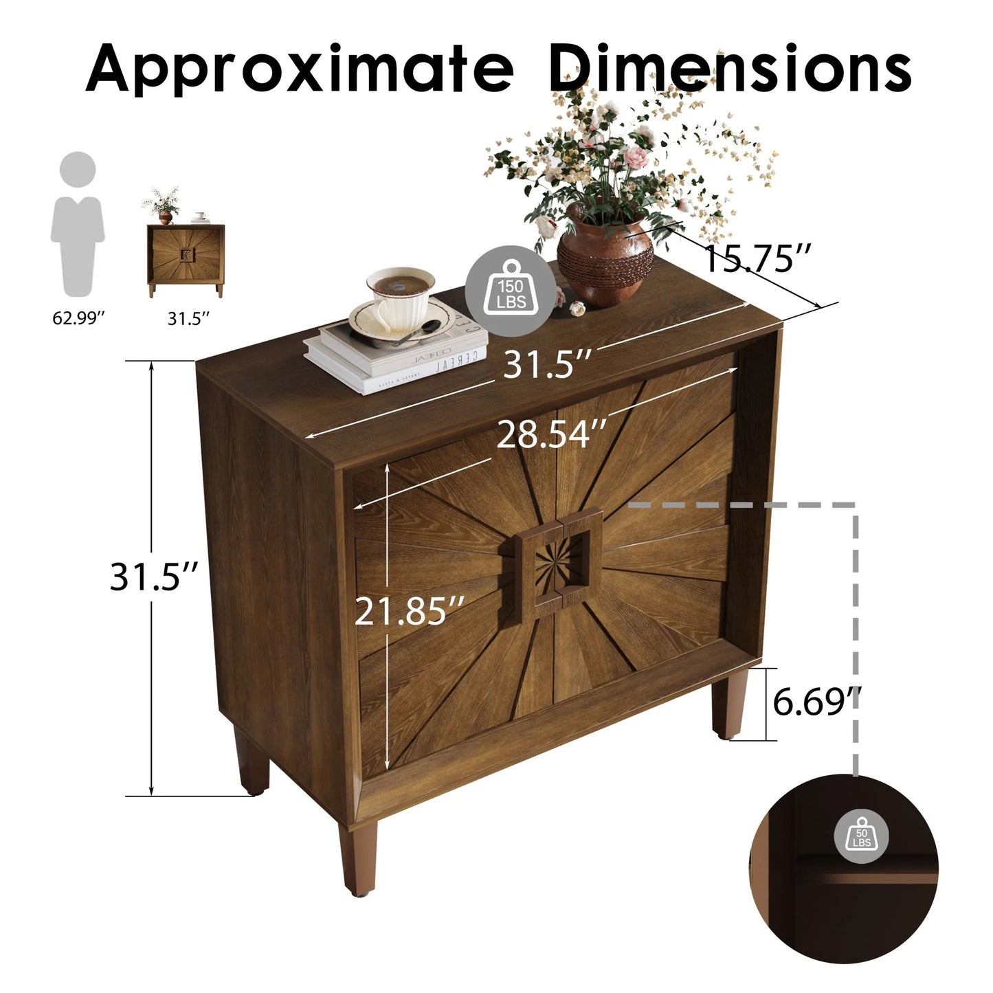 31.5' Antique Natural Mid-Century Modular Credenza Sideboard Buffet, Small Space Cabinet with Symmetrical Sunburst Doors, Accent Cabinet with Adjustable Shelves for Dining Room, Entryway & Hallway detail view 37