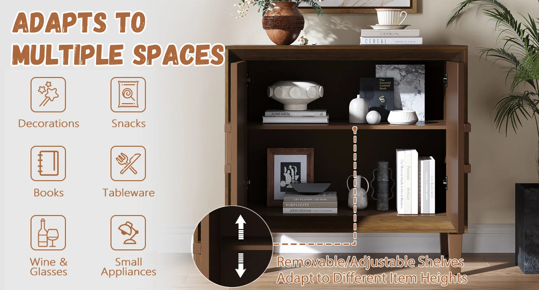 31.5' Antique Natural Mid-Century Modular Credenza Sideboard Buffet, Small Space Cabinet with Symmetrical Sunburst Doors, Accent Cabinet with Adjustable Shelves for Dining Room, Entryway & Hallway detail view 39