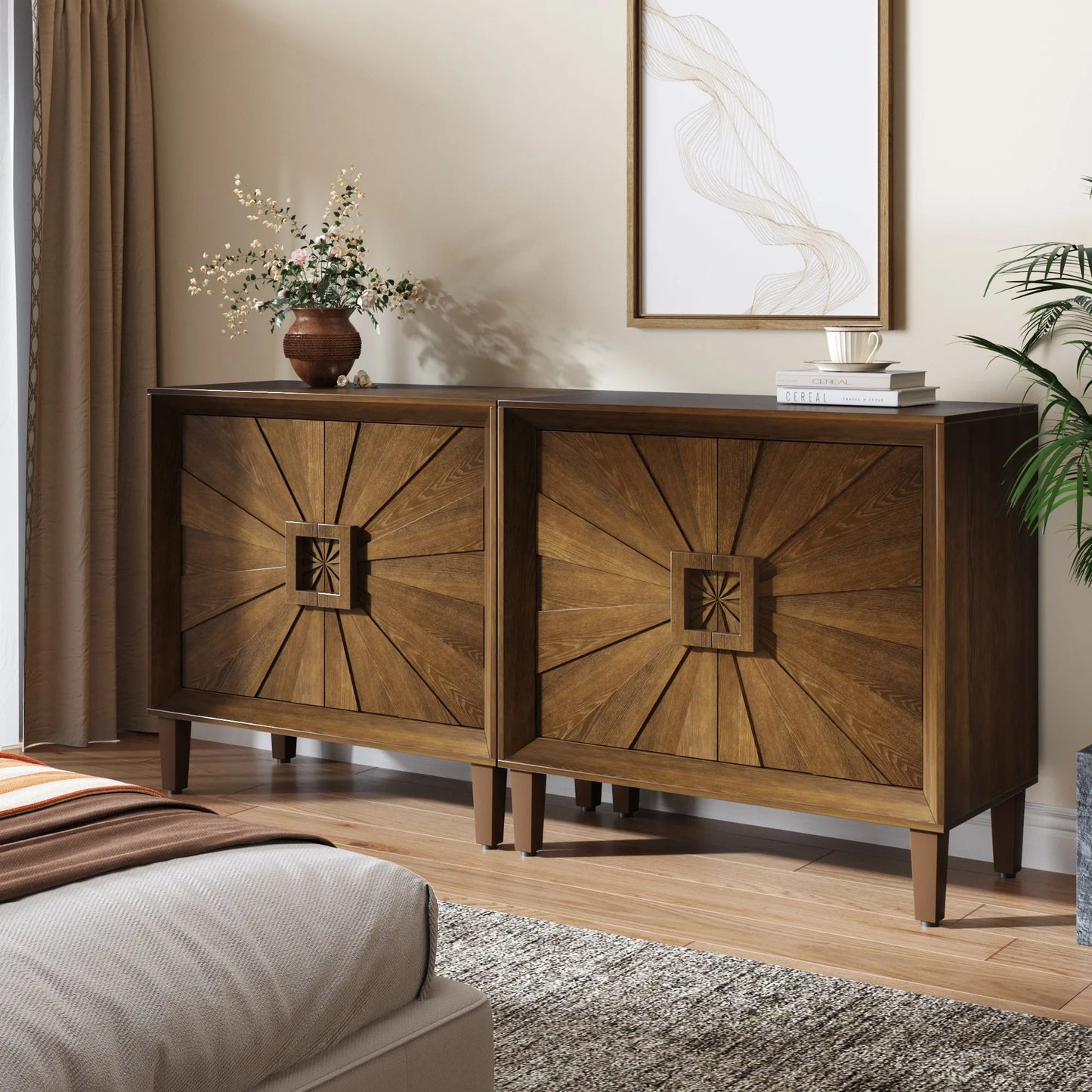 31.5' Antique Natural Mid-Century Modular Credenza Sideboard Buffet, Small Space Cabinet with Symmetrical Sunburst Doors, Accent Cabinet with Adjustable Shelves for Dining Room, Entryway & Hallway detail view 40
