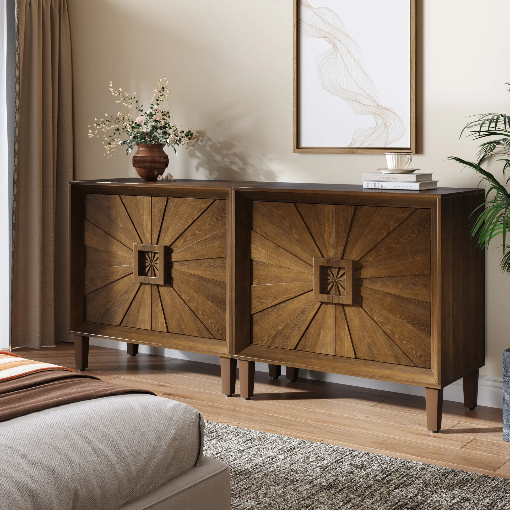 31.5' Antique Natural Mid-Century Modular Credenza Sideboard Buffet, Small Space Cabinet with Symmetrical Sunburst Doors, Accent Cabinet with Adjustable Shelves for Dining Room, Entryway & Hallway detail view 40