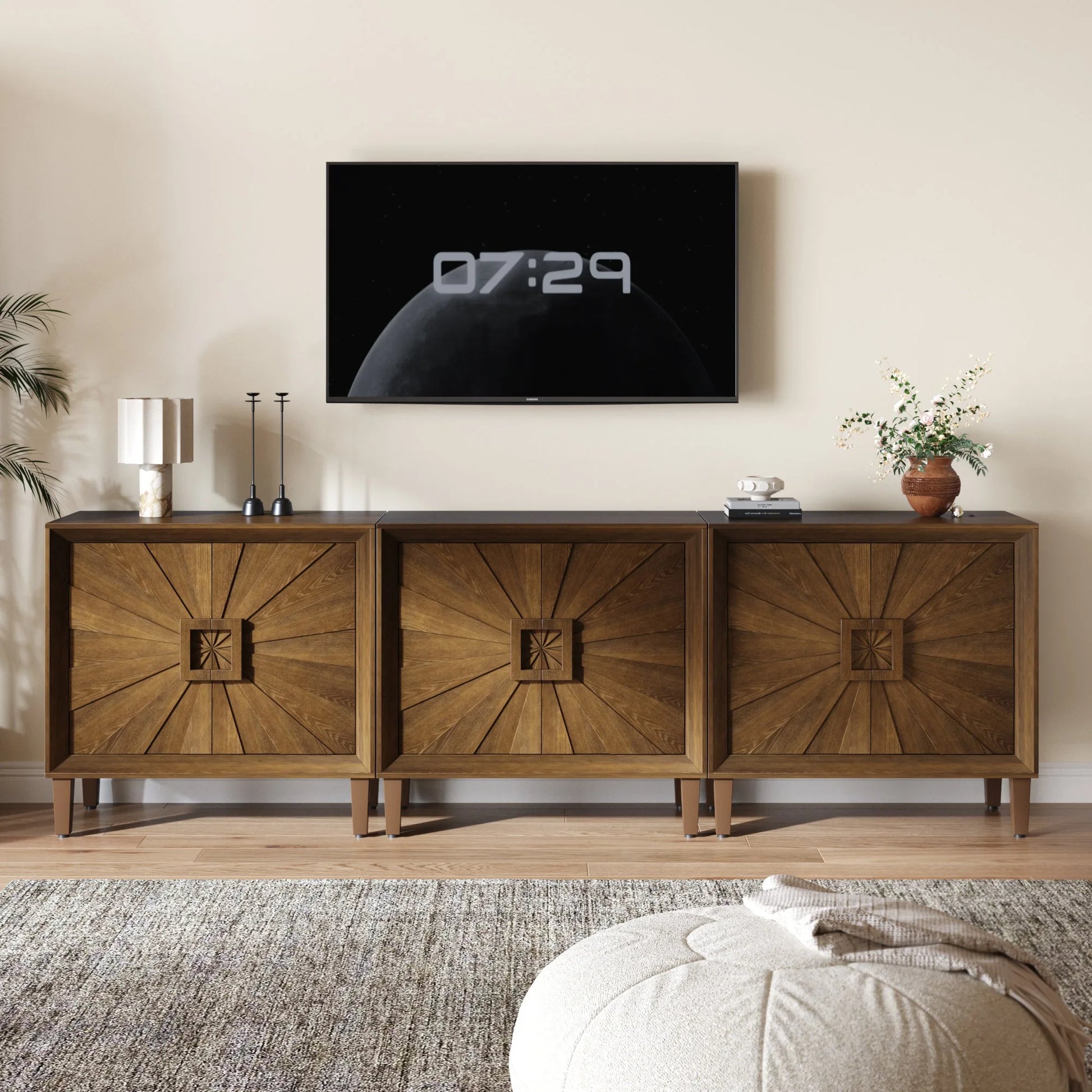 31.5' Antique Natural Mid-Century Modular Credenza Sideboard Buffet, Small Space Cabinet with Symmetrical Sunburst Doors, Accent Cabinet with Adjustable Shelves for Dining Room, Entryway & Hallway detail view 41