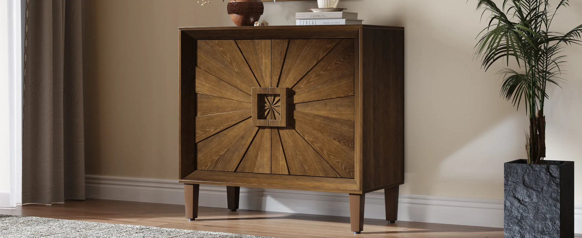 31.5' Antique Natural Mid-Century Modular Credenza Sideboard Buffet, Small Space Cabinet with Symmetrical Sunburst Doors, Accent Cabinet with Adjustable Shelves for Dining Room, Entryway & Hallway detail view 43