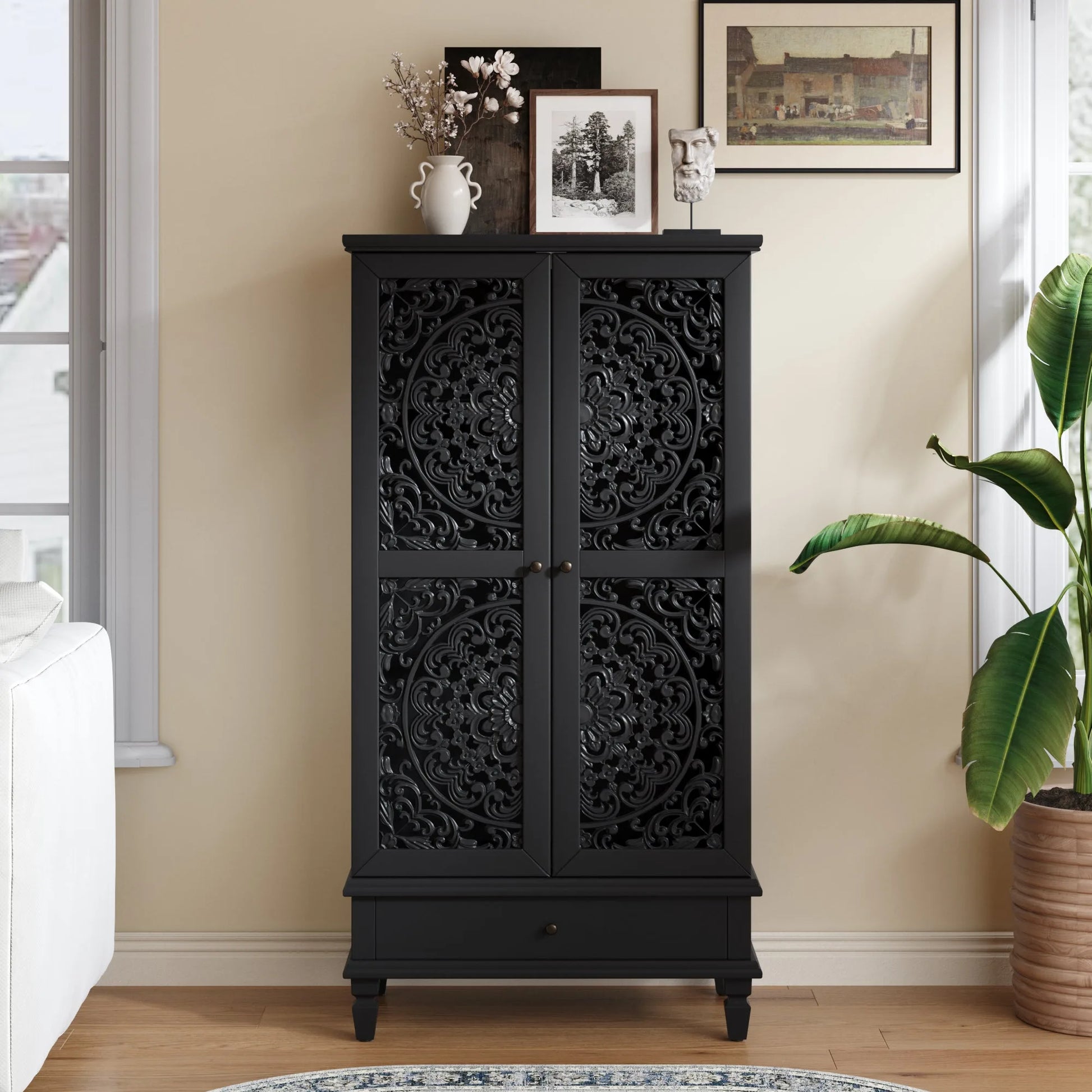Rustic 55'' Tall Storage Cabinet with Drawer, Decorative 2-Door Carved Wood Accent Cabinet with Solid Wood Legs for Living Room, Hallway, Dining Room, Black lifestyle view