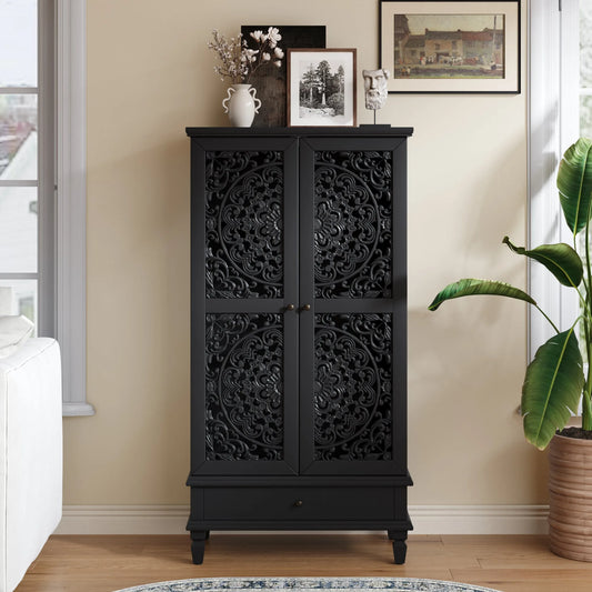 Rustic 55'' Tall Storage Cabinet with Drawer, Decorative 2-Door Carved Wood Accent Cabinet with Solid Wood Legs for Living Room, Hallway, Dining Room, Black lifestyle view