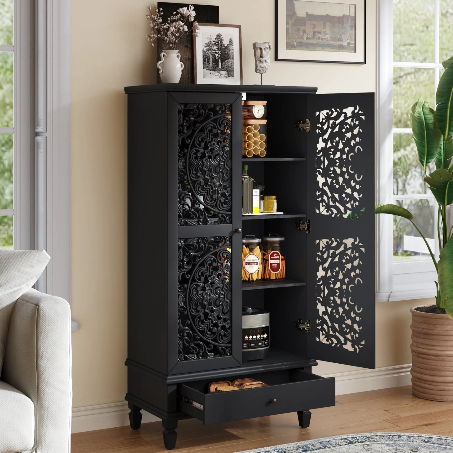 Rustic 55'' Tall Storage Cabinet with Drawer, Decorative 2-Door Carved Wood Accent Cabinet with Solid Wood Legs for Living Room, Hallway, Dining Room, Black detail view 2