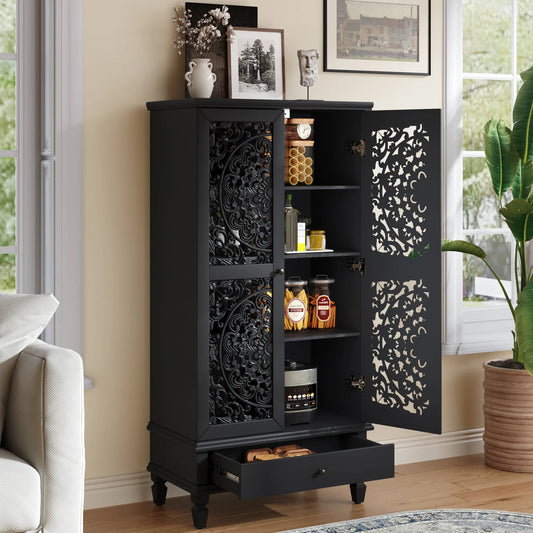 Rustic 55'' Tall Storage Cabinet with Drawer, Decorative 2-Door Carved Wood Accent Cabinet with Solid Wood Legs for Living Room, Hallway, Dining Room, Black detail view 2