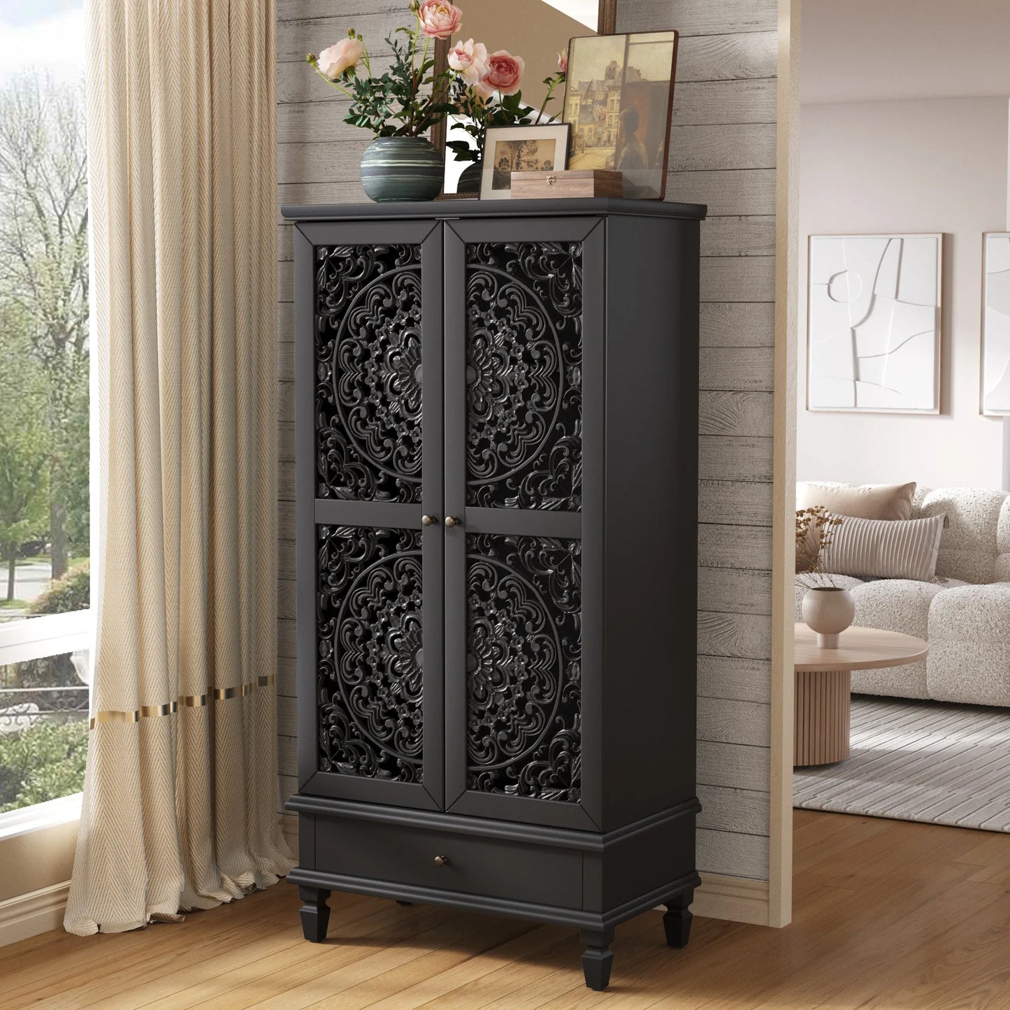 Rustic 55'' Tall Storage Cabinet with Drawer, Decorative 2-Door Carved Wood Accent Cabinet with Solid Wood Legs for Living Room, Hallway, Dining Room, Black detail view 3