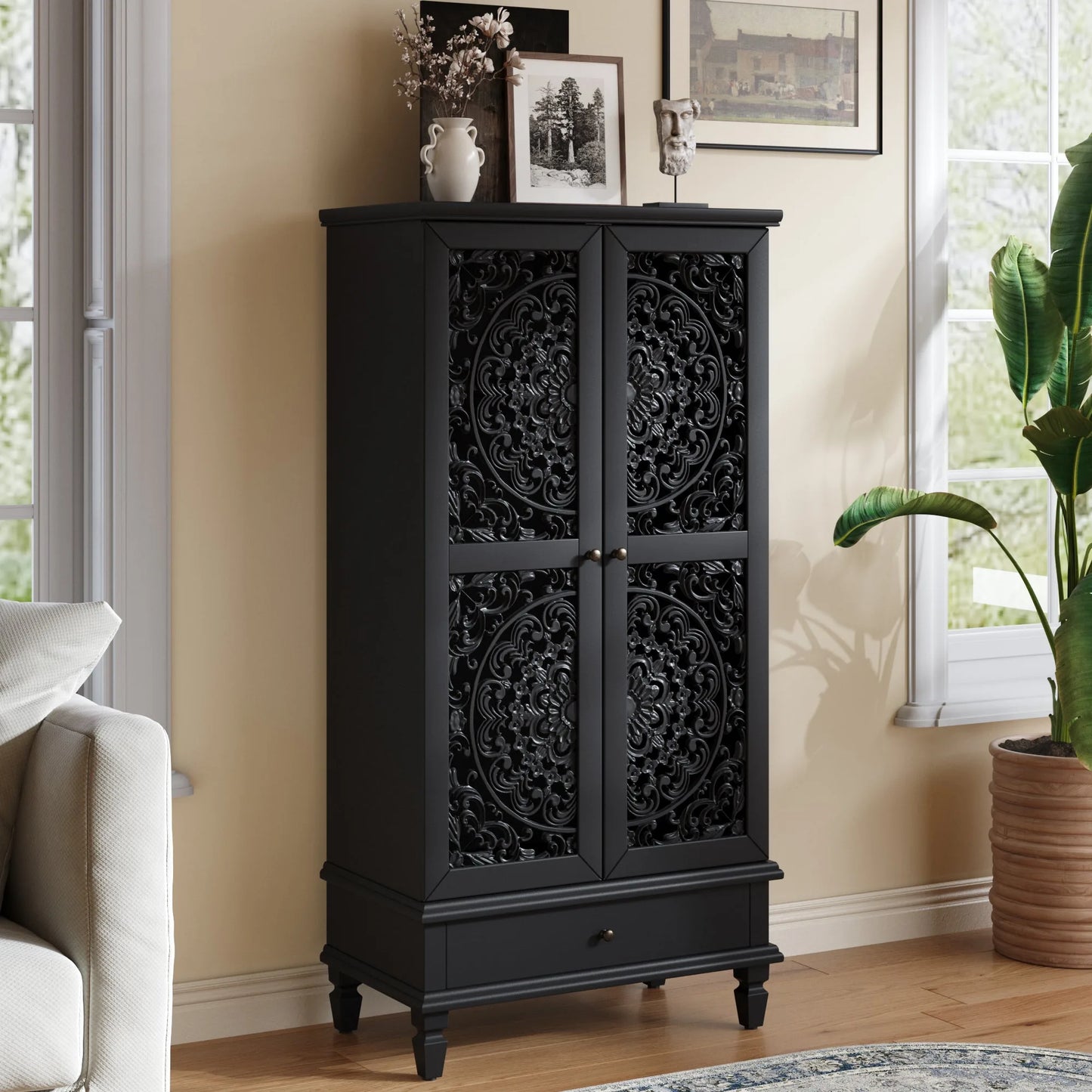 Rustic 55'' Tall Storage Cabinet with Drawer, Decorative 2-Door Carved Wood Accent Cabinet with Solid Wood Legs for Living Room, Hallway, Dining Room, Black detail view 4