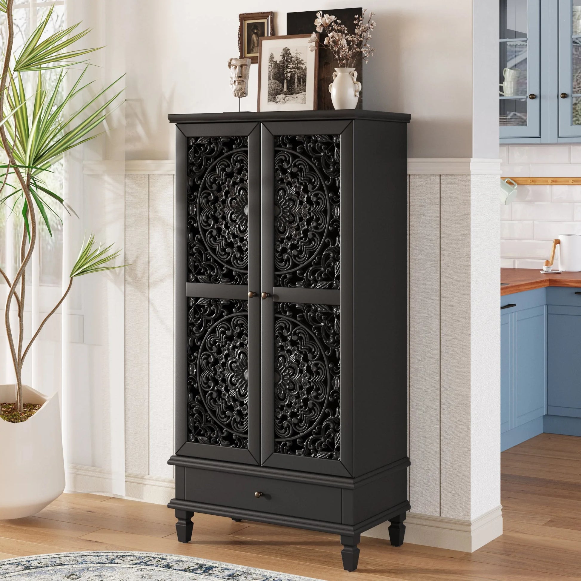 Rustic 55'' Tall Storage Cabinet with Drawer, Decorative 2-Door Carved Wood Accent Cabinet with Solid Wood Legs for Living Room, Hallway, Dining Room, Black detail view 5
