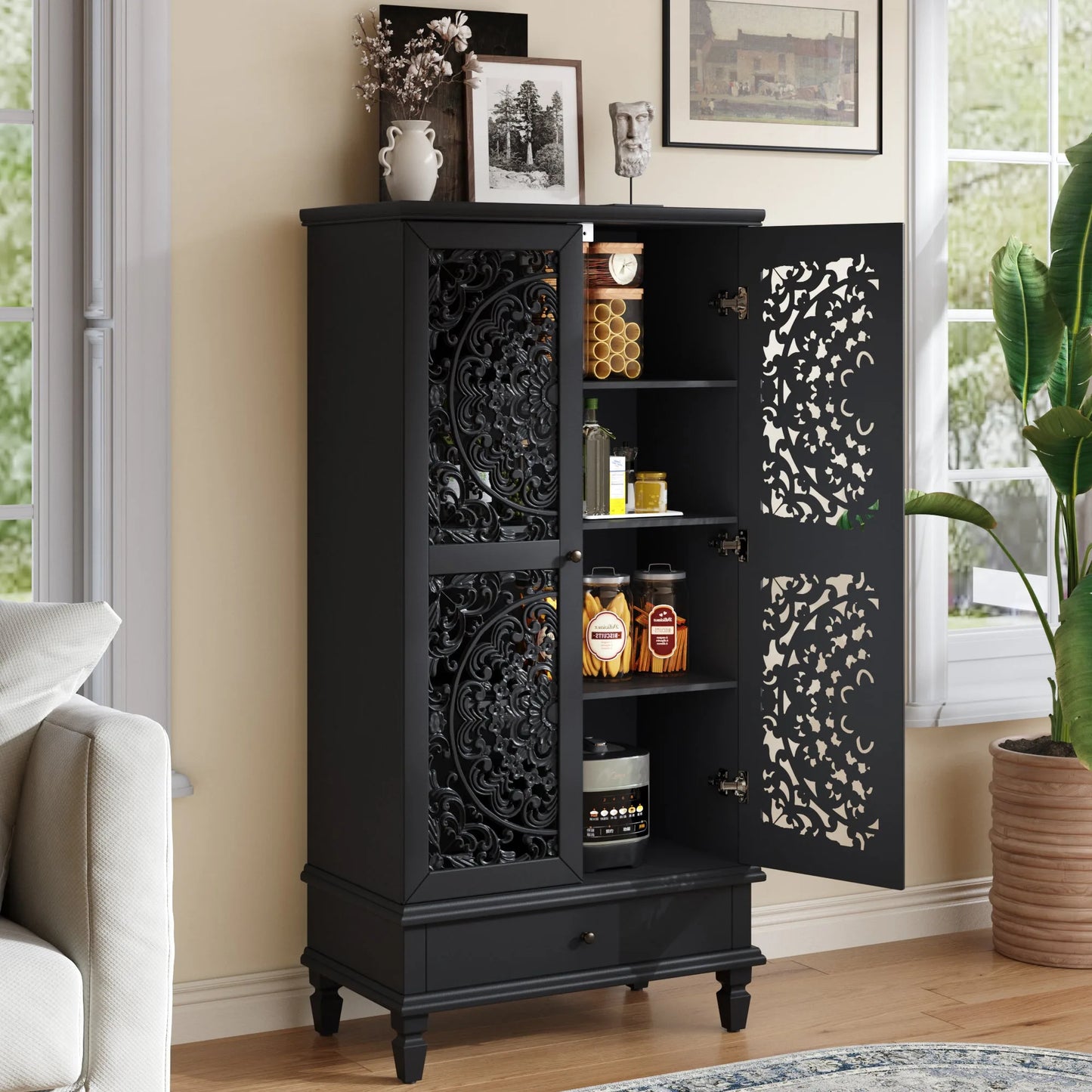 Rustic 55'' Tall Storage Cabinet with Drawer, Decorative 2-Door Carved Wood Accent Cabinet with Solid Wood Legs for Living Room, Hallway, Dining Room, Black detail view 6