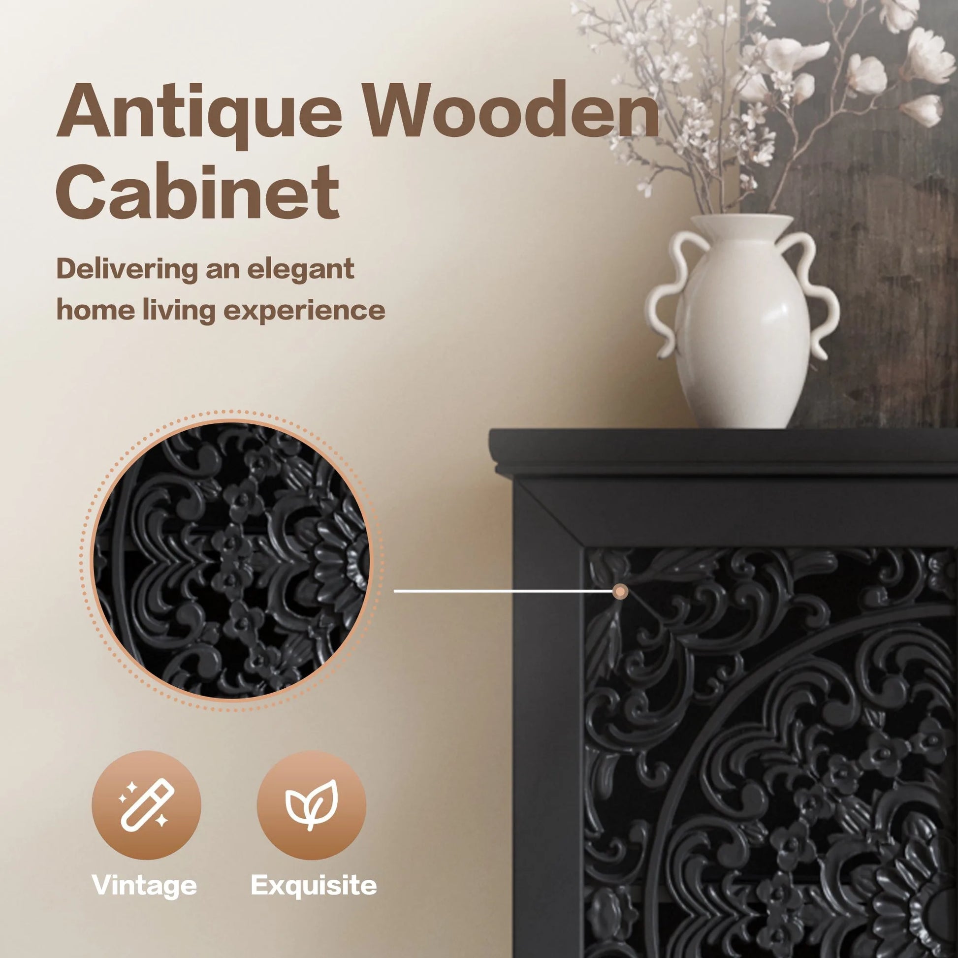 Rustic 55'' Tall Storage Cabinet with Drawer, Decorative 2-Door Carved Wood Accent Cabinet with Solid Wood Legs for Living Room, Hallway, Dining Room, Black detail view 8