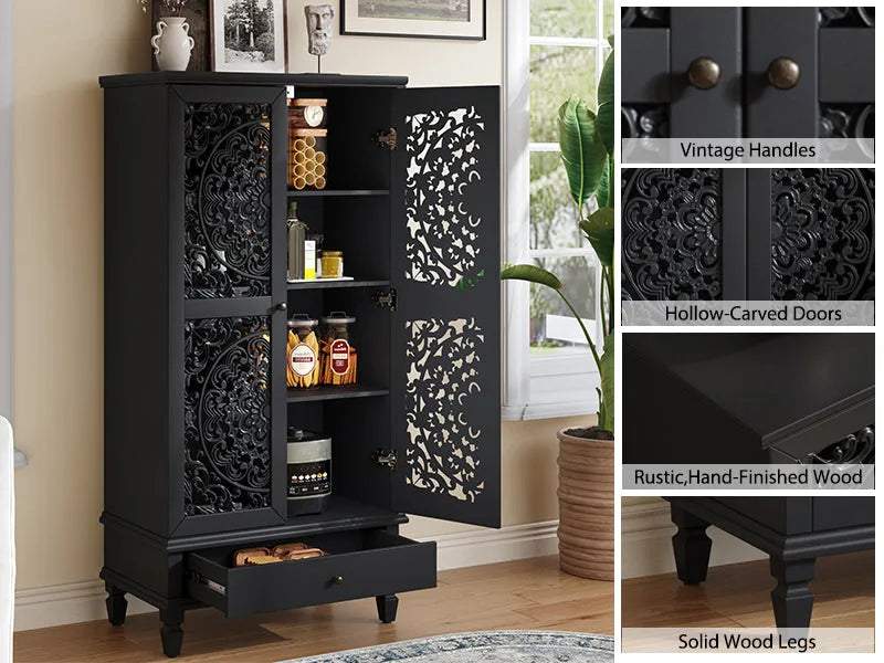 Rustic 55'' Tall Storage Cabinet with Drawer, Decorative 2-Door Carved Wood Accent Cabinet with Solid Wood Legs for Living Room, Hallway, Dining Room, Black detail view 9