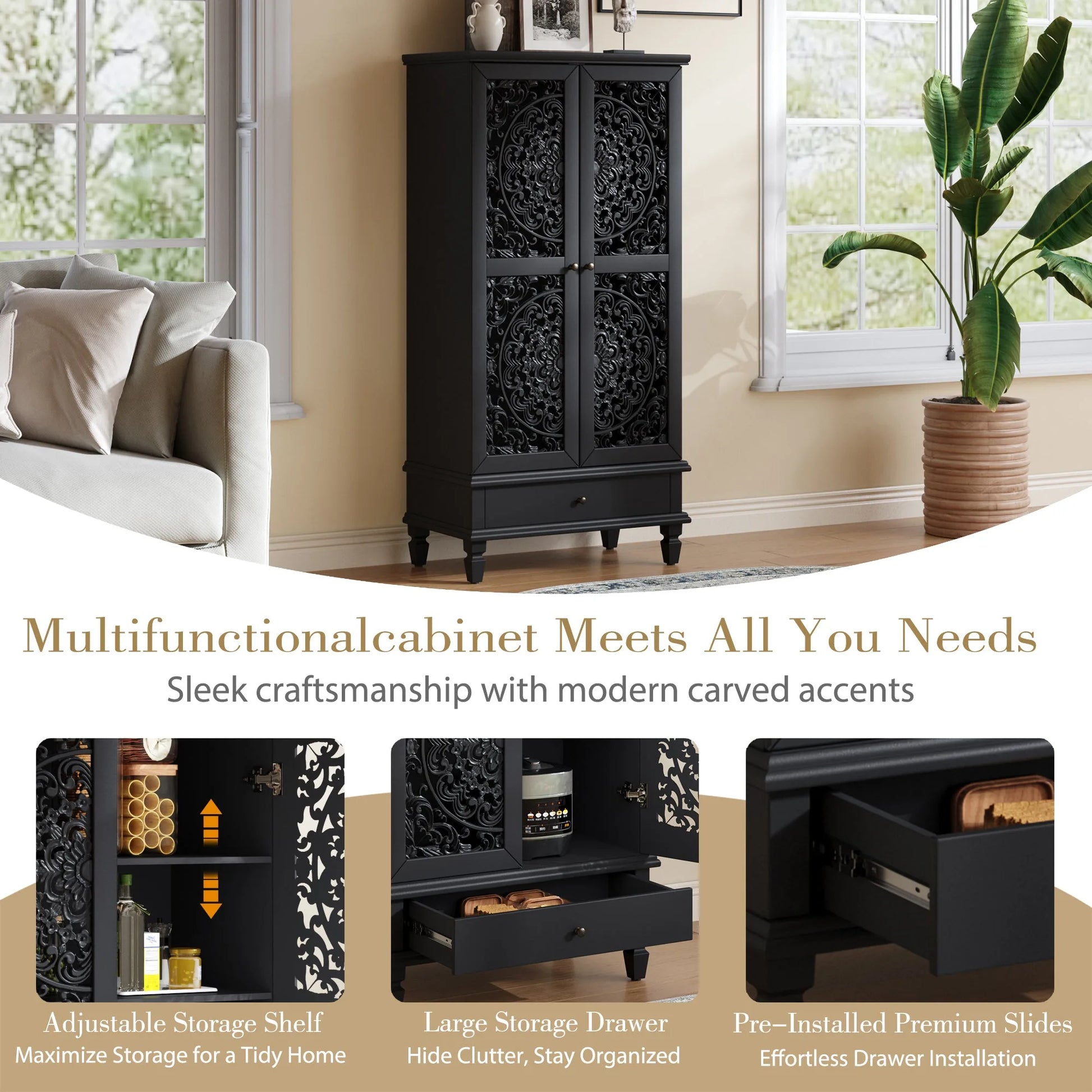 Rustic 55'' Tall Storage Cabinet with Drawer, Decorative 2-Door Carved Wood Accent Cabinet with Solid Wood Legs for Living Room, Hallway, Dining Room, Black detail view 10